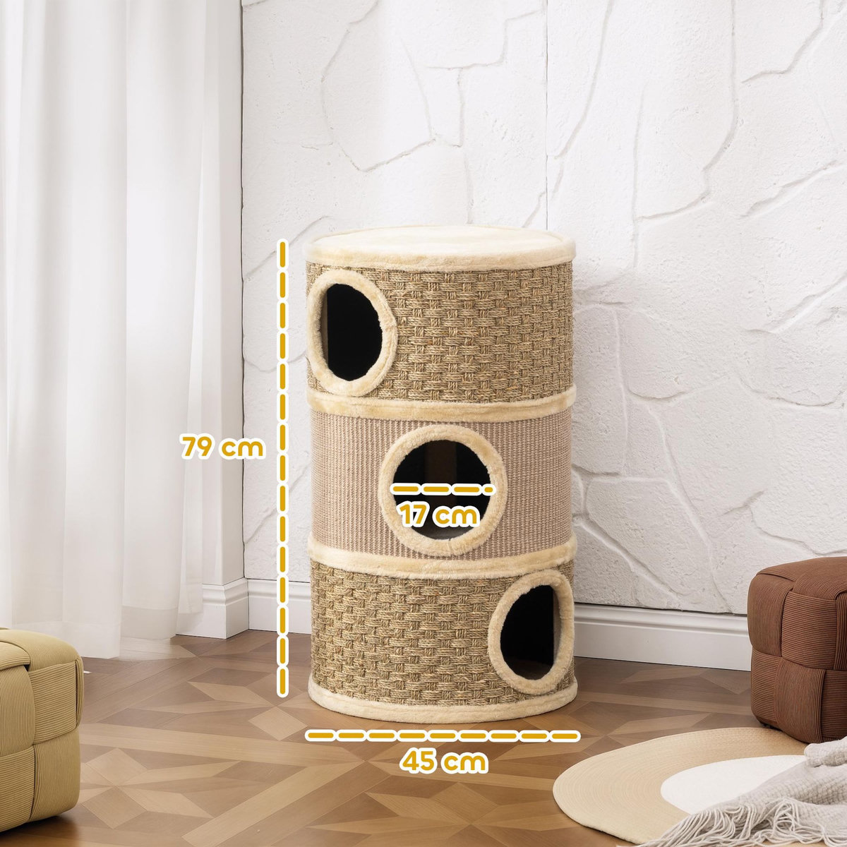 PAWHUT Arbre à chat cylindrique tonneau griffoir - 3 niches + plateforme - sisal corde d'algues beige