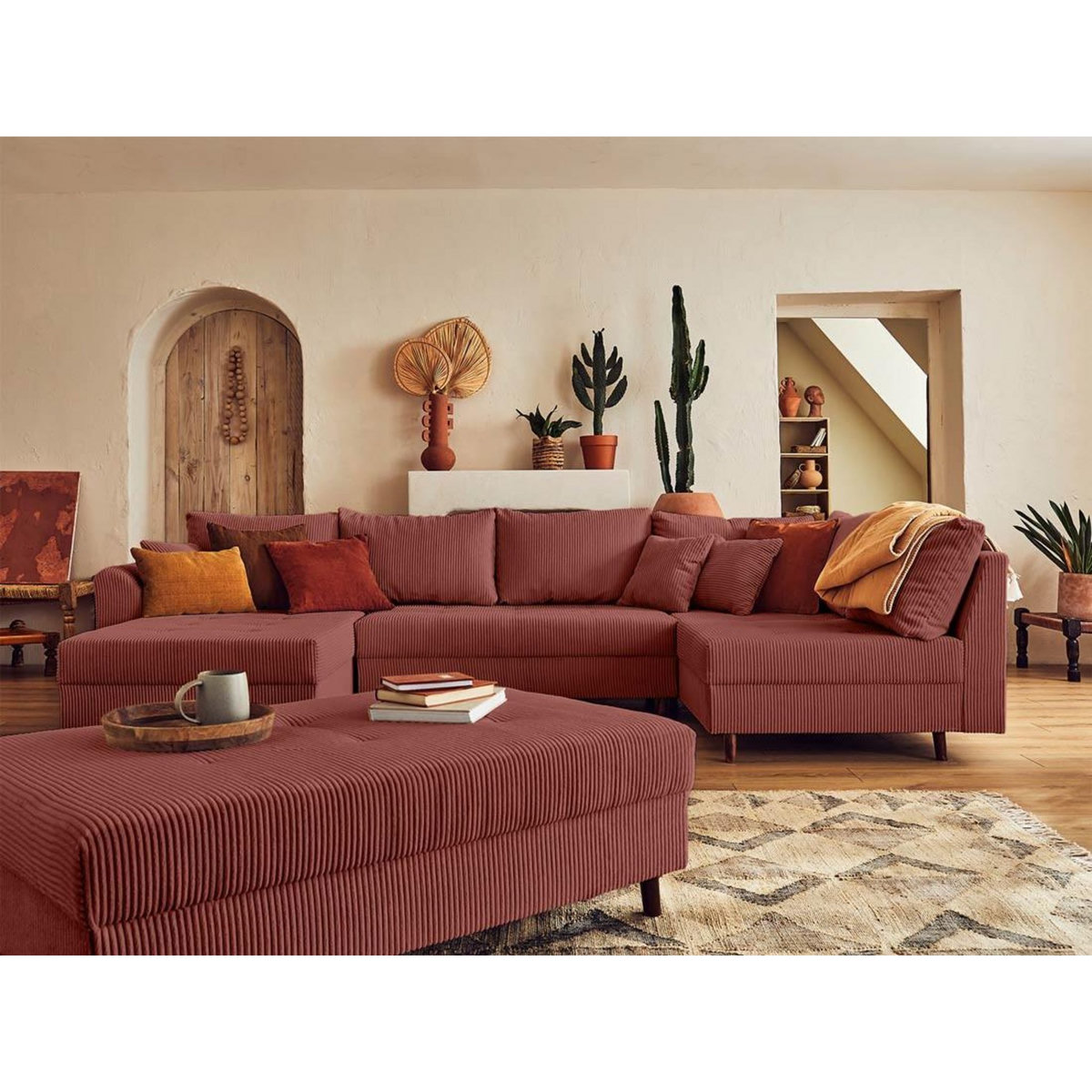 LISA DESIGN Rune - canapé panoramique d'angle droit - 7 places - avec pouf d'appoint - en velours côtelé