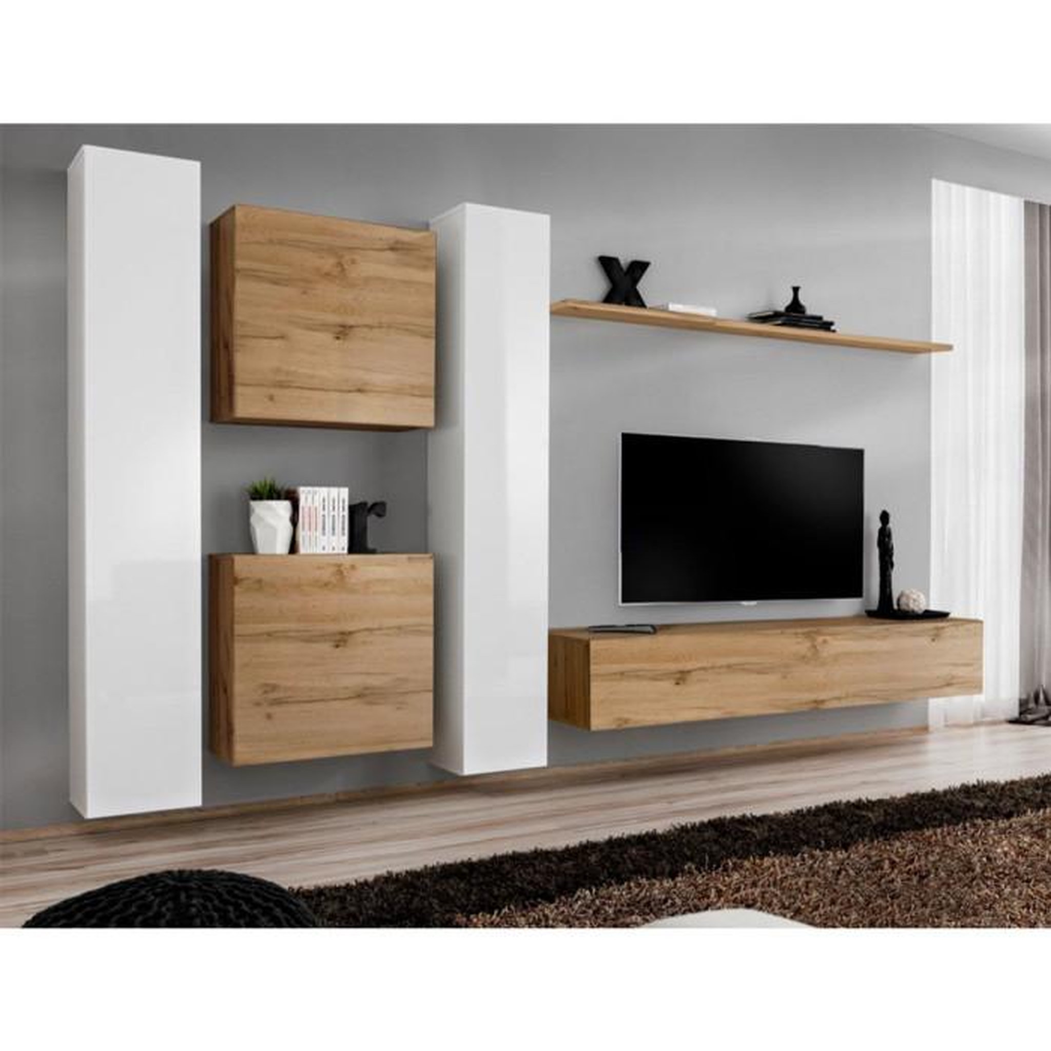 Voir la diapositive 1 : Paris Prix Meuble TV Mural Design  Switch VI  330cm Blanc & Naturel