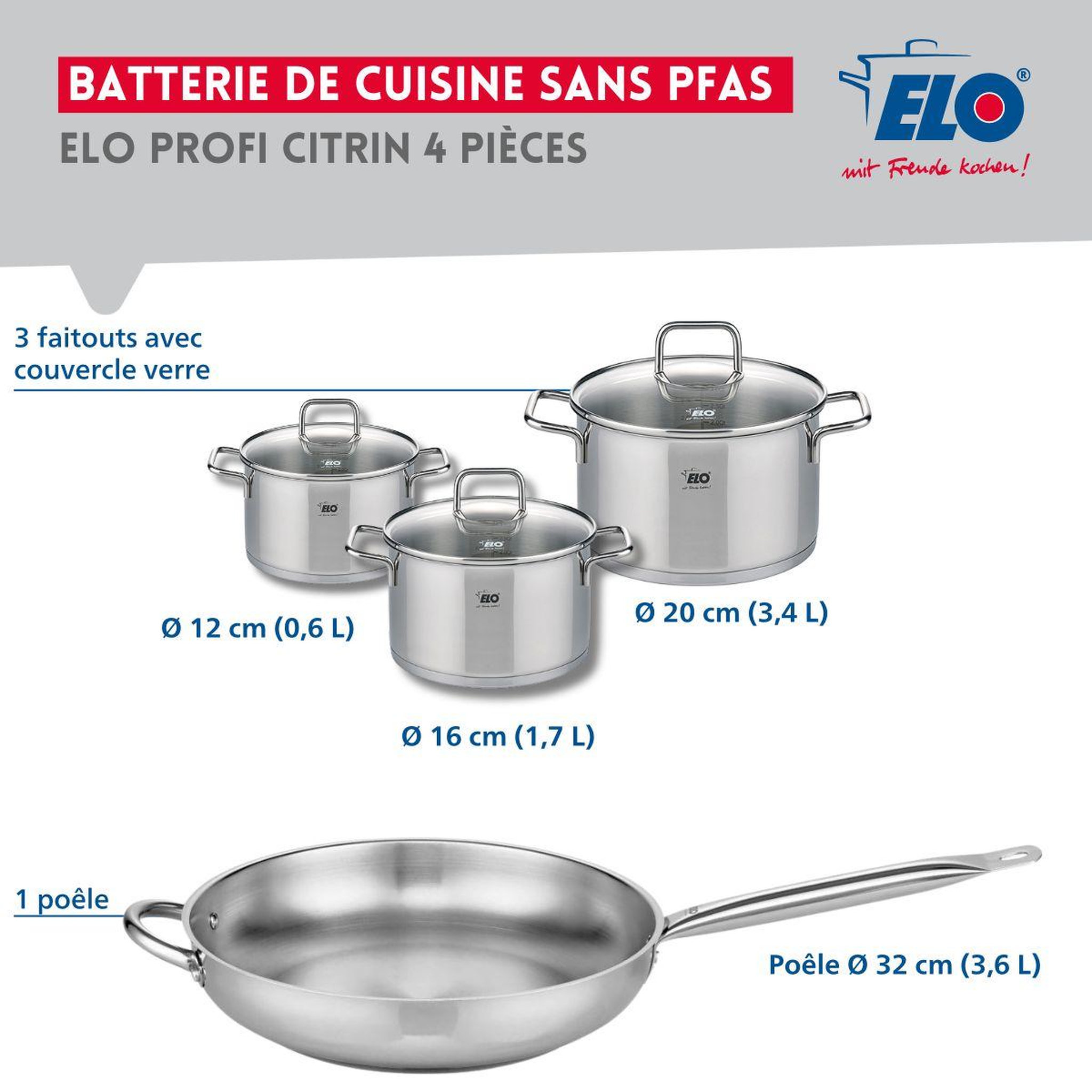Voir la diapositive 2 : ELO Set de 1 poêle de cuisson 32 cm et 3 faitouts 12, 16 et 20 cm elo profi citrin
