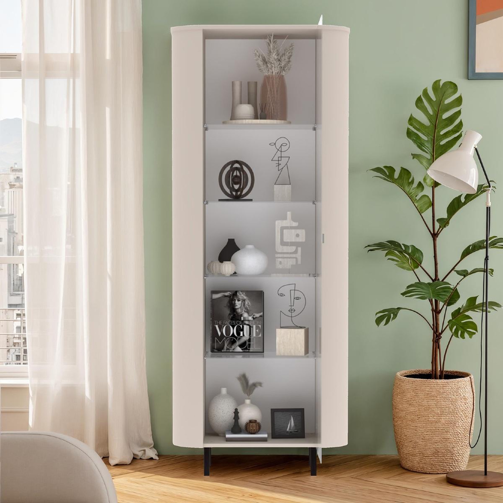 Voir la diapositive 3 : JLC KREATION Vitrine moderne 1 porte beige cachemire bord arrondi olga