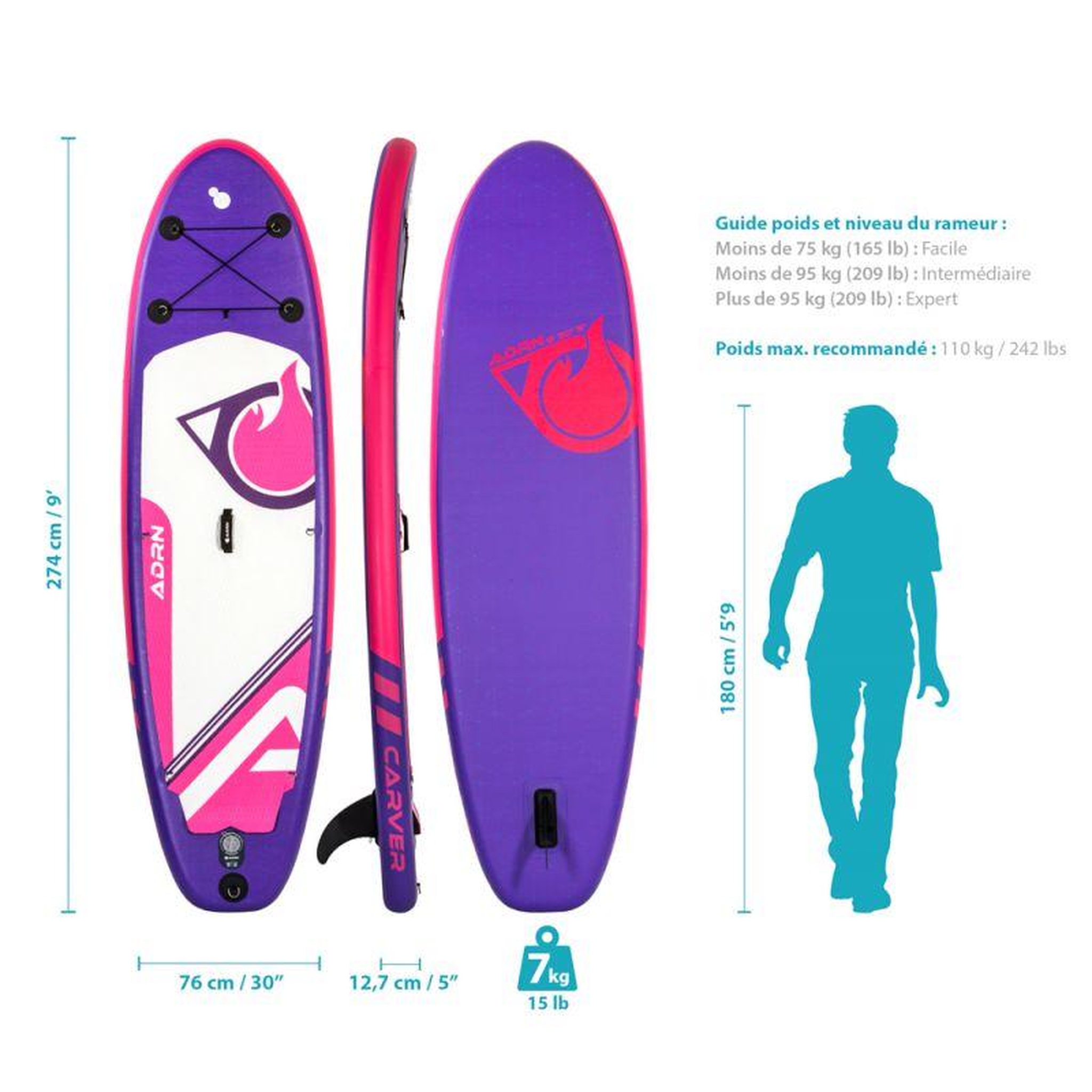 Voir la diapositive 3 : ADRENALIN Paddle Gonflable CARVER 9' 30'' 5'' (274x76x12,7cm) avec Pompe, Pagaie, Leash et Sac de transport