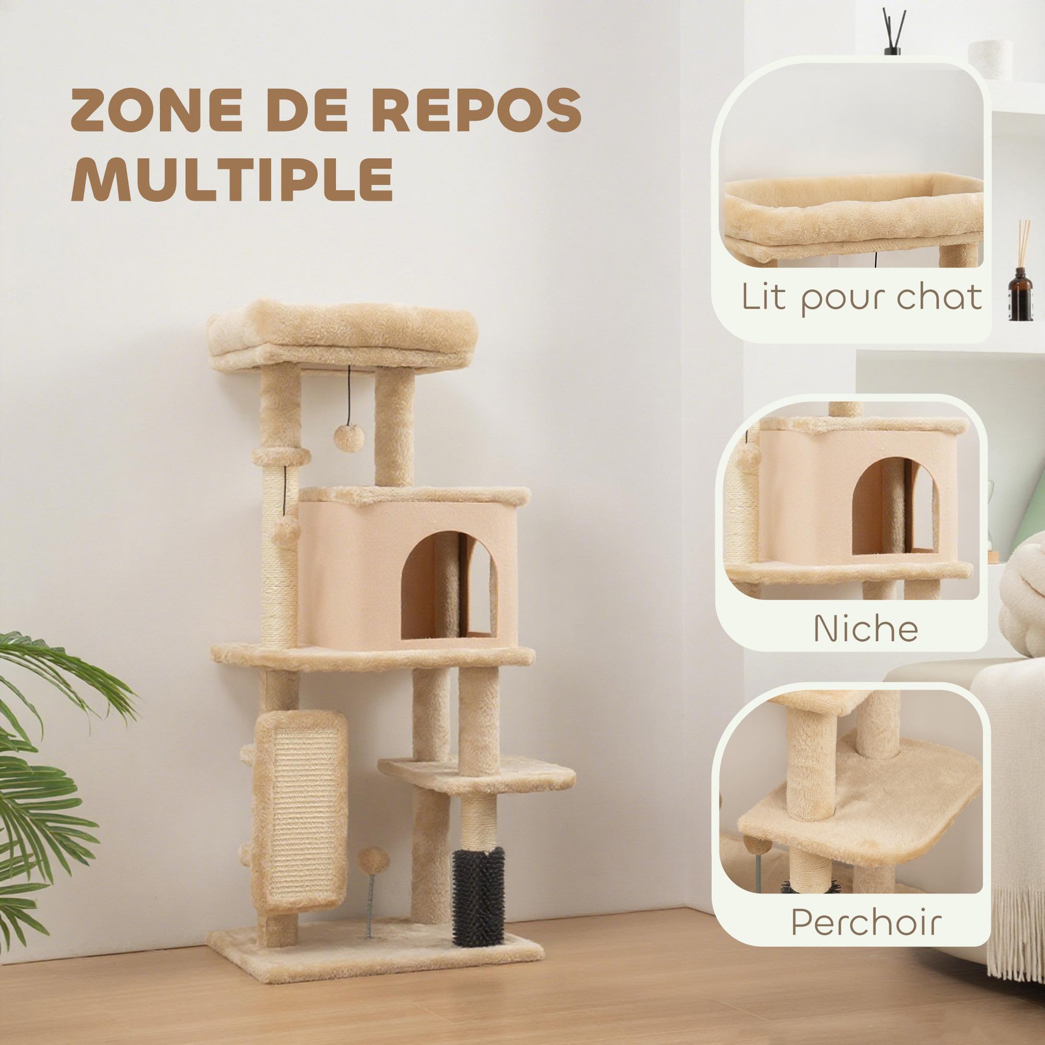 Voir la diapositive 4 : PAWHUT Arbre à chat design beige h.132cm bande massante griffoirs grattoirs nombreux jouets