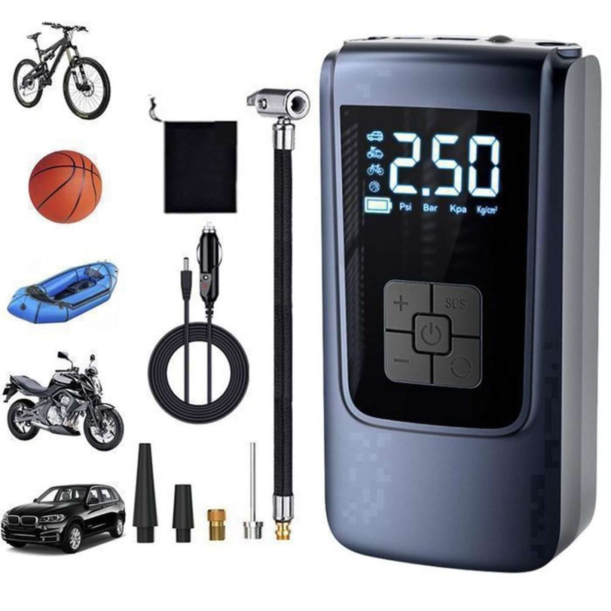 Gonfleur de pneus sans fil 150 PSI à écran LCD, 4 modes avec arrêt automatique et lampe LED, pompe électrique rechargeable USB 4000 mAh, valves universelles