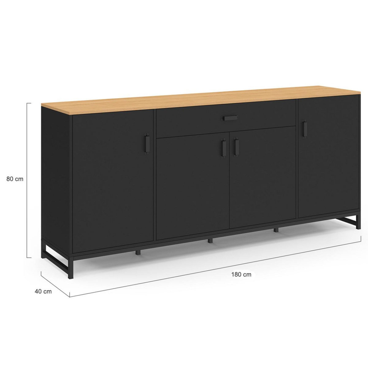ID MARKET Buffet 180 cm WASHINGTON XXL 4 portes et 1 tiroir bois et noir