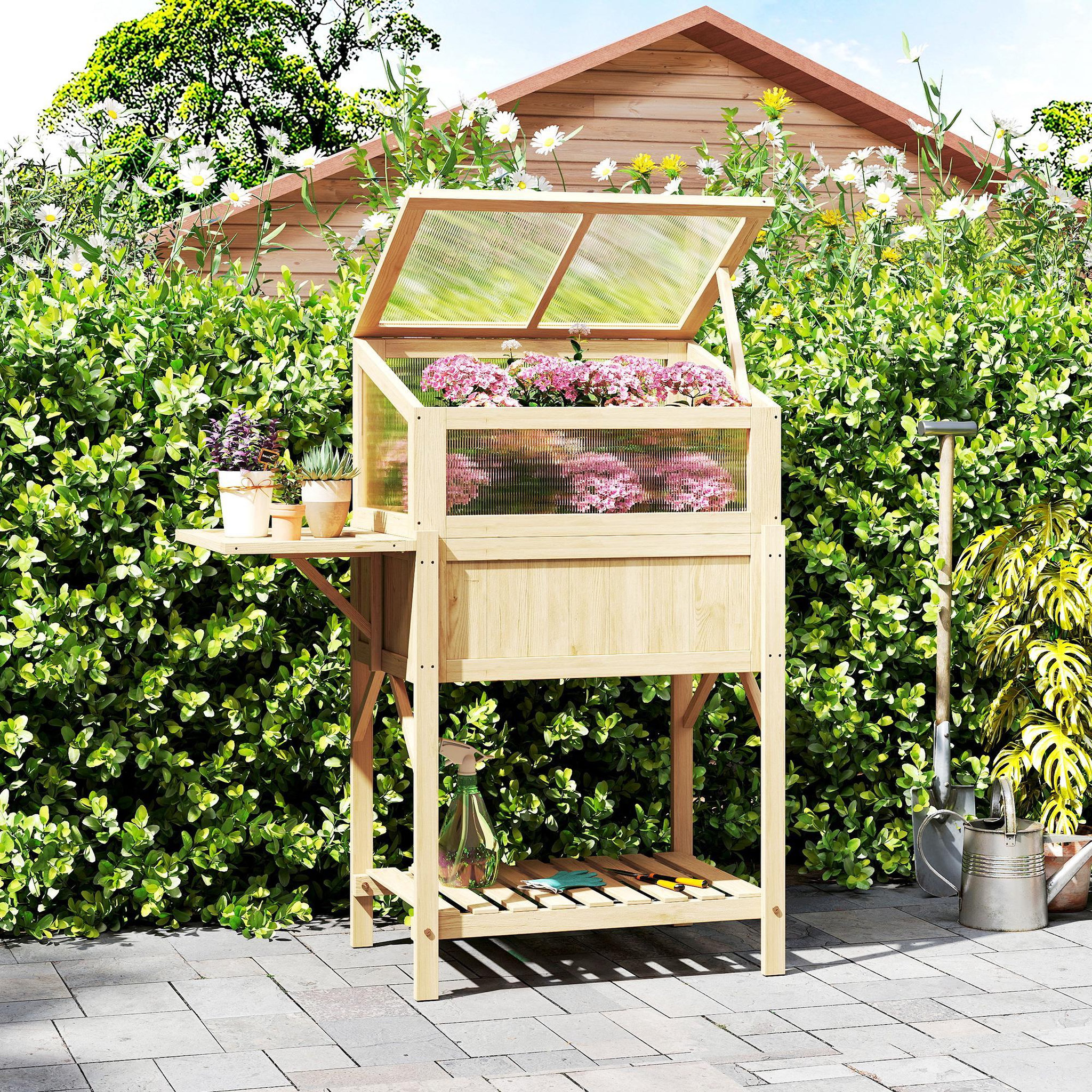 Voir la diapositive 4 : OUTSUNNY Carré potager sur pieds avec serre en bois naturel