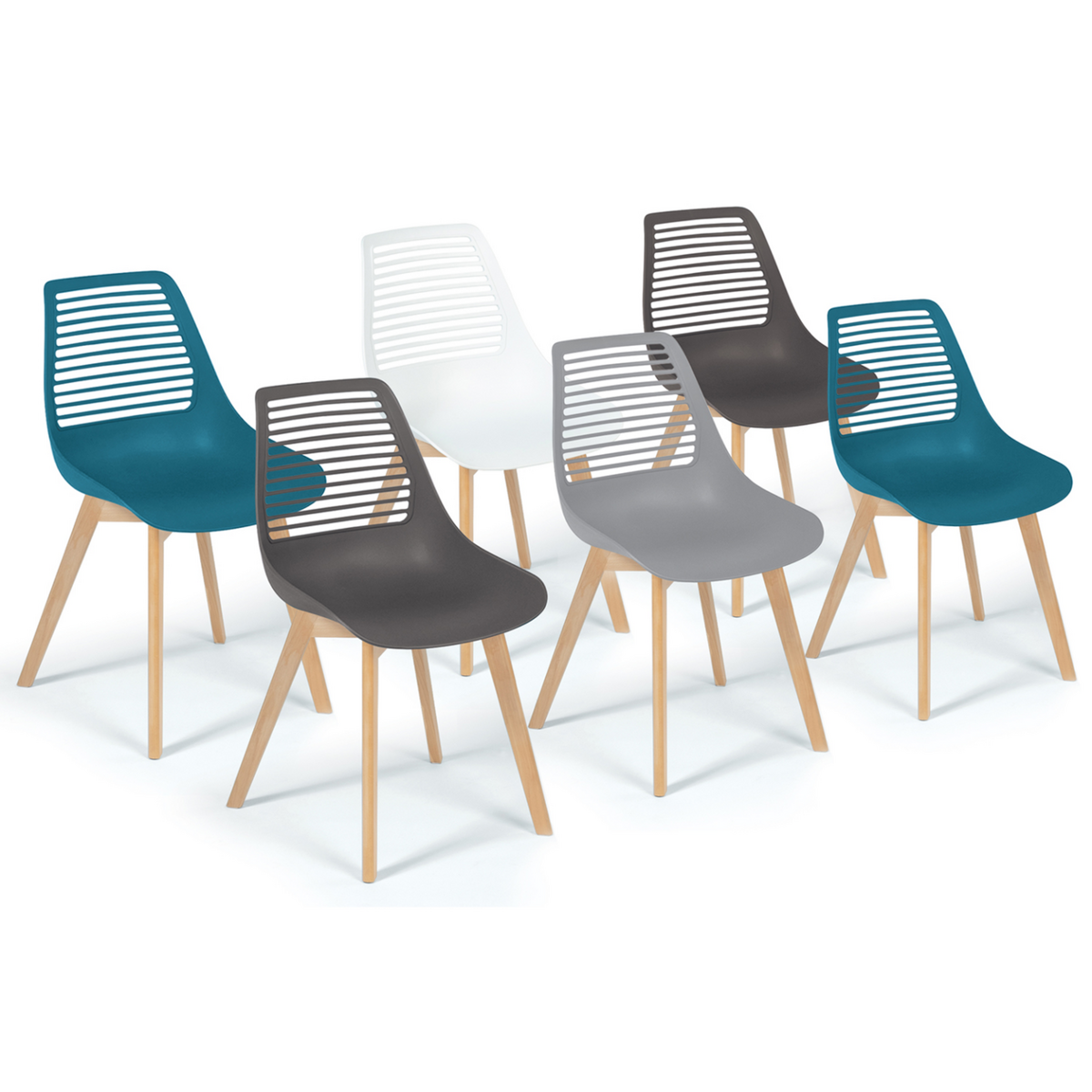 ID MARKET Lot de 6 chaises BONNIE mix color blanc, gris clair, gris foncé x2, bleu canard x2
