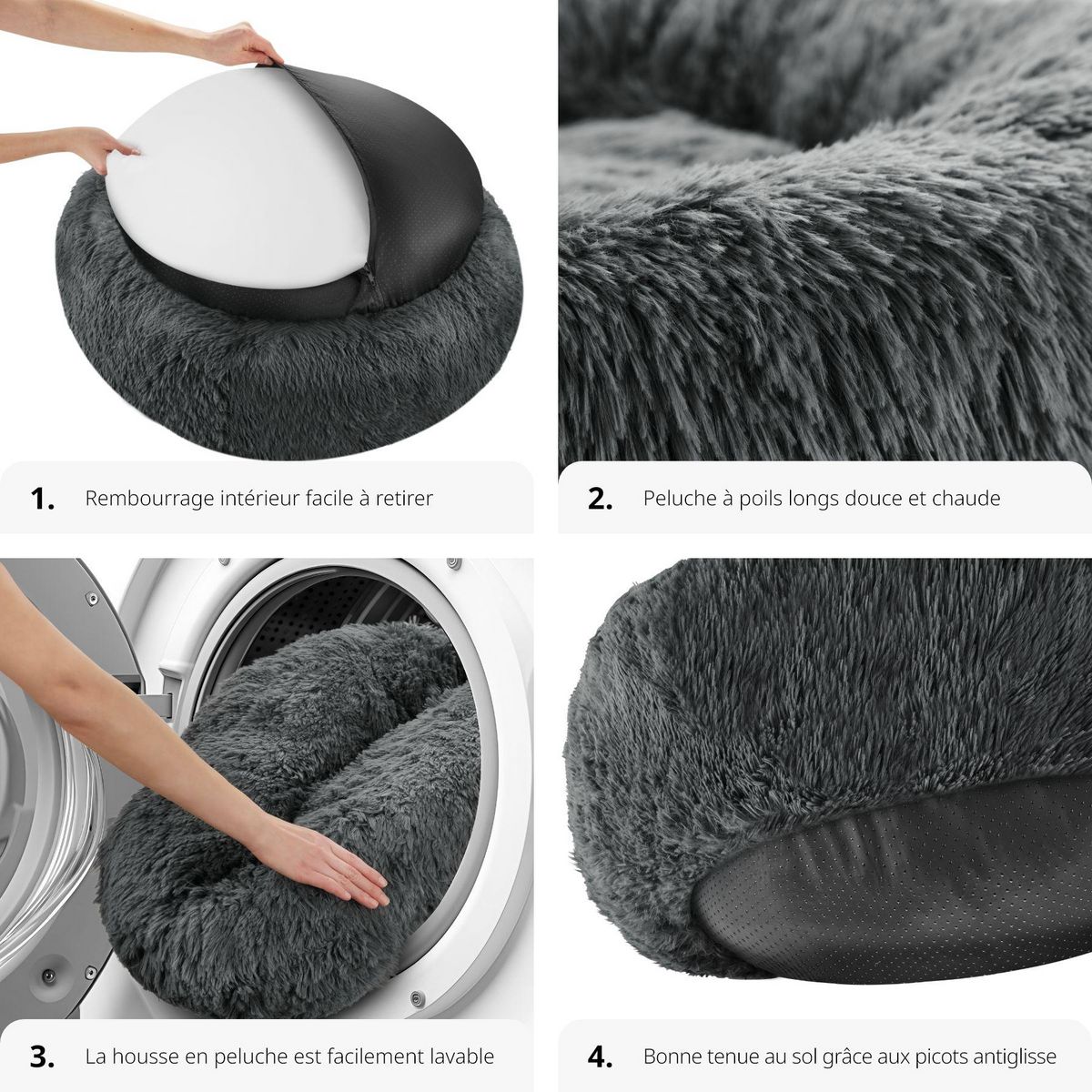tectake Panier pour chien rond avec maille peluche longue gris Ø 60 cm