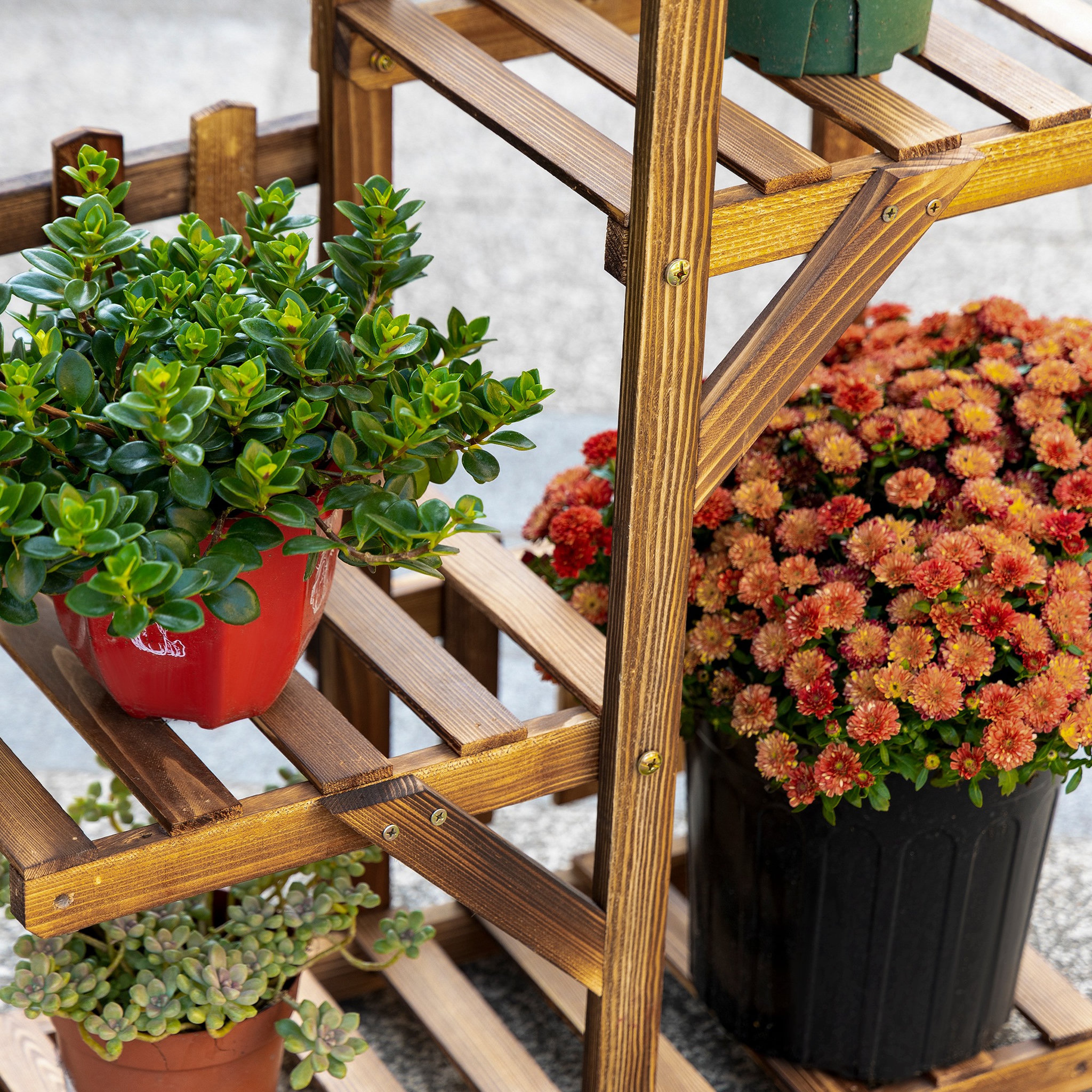 Voir la diapositive 5 : OUTSUNNY Étagère à fleurs en bois - porte plante bois 5 tablettes ornement petites barrières - dim. 60L x 30l x 130H cm - bois de sapin traité carbonisation