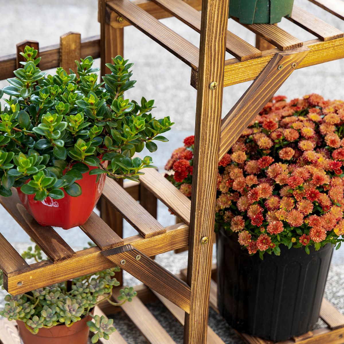 OUTSUNNY Étagère à fleurs en bois - porte plante bois 5 tablettes ornement petites barrières - dim. 60L x 30l x 130H cm - bois de sapin traité carbonisation