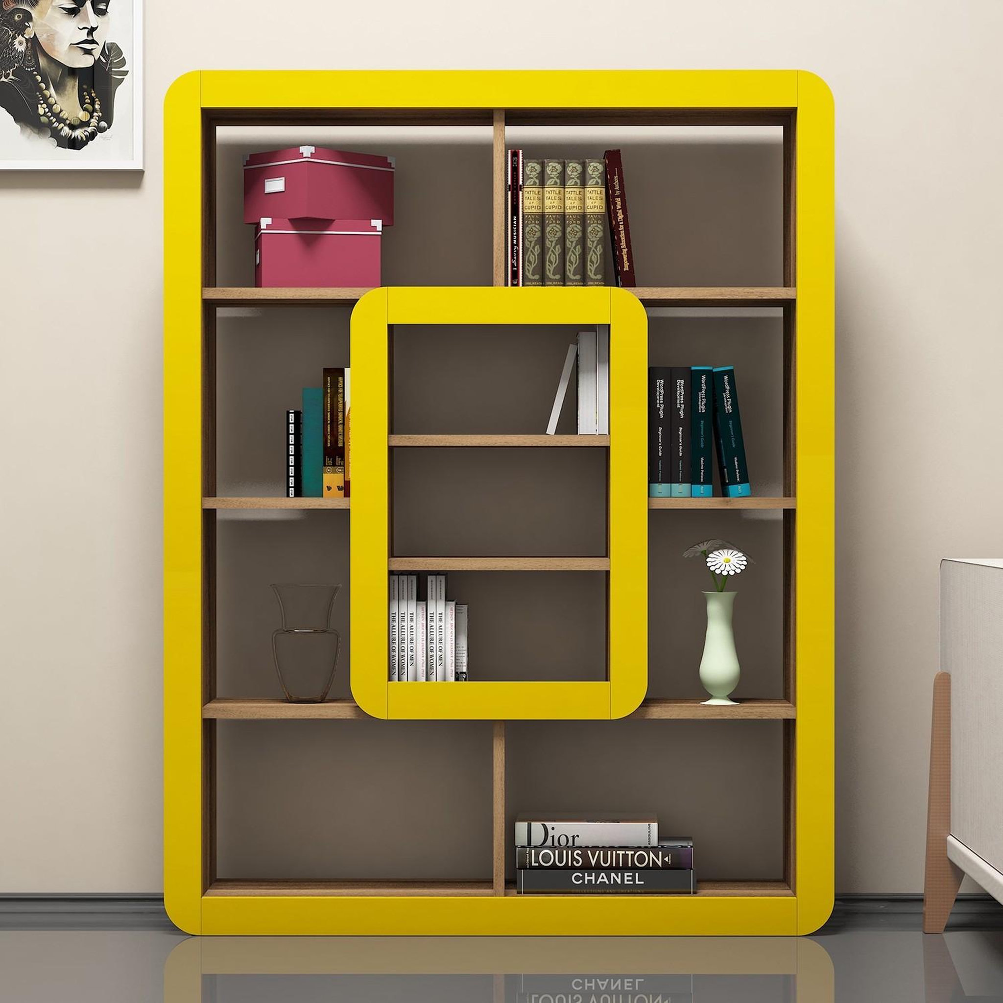 Voir la diapositive 3 : Habitat et Jardin Bibliothèque en bois  orkide  - 108 x 21 x 140 cm - noyer, jaune