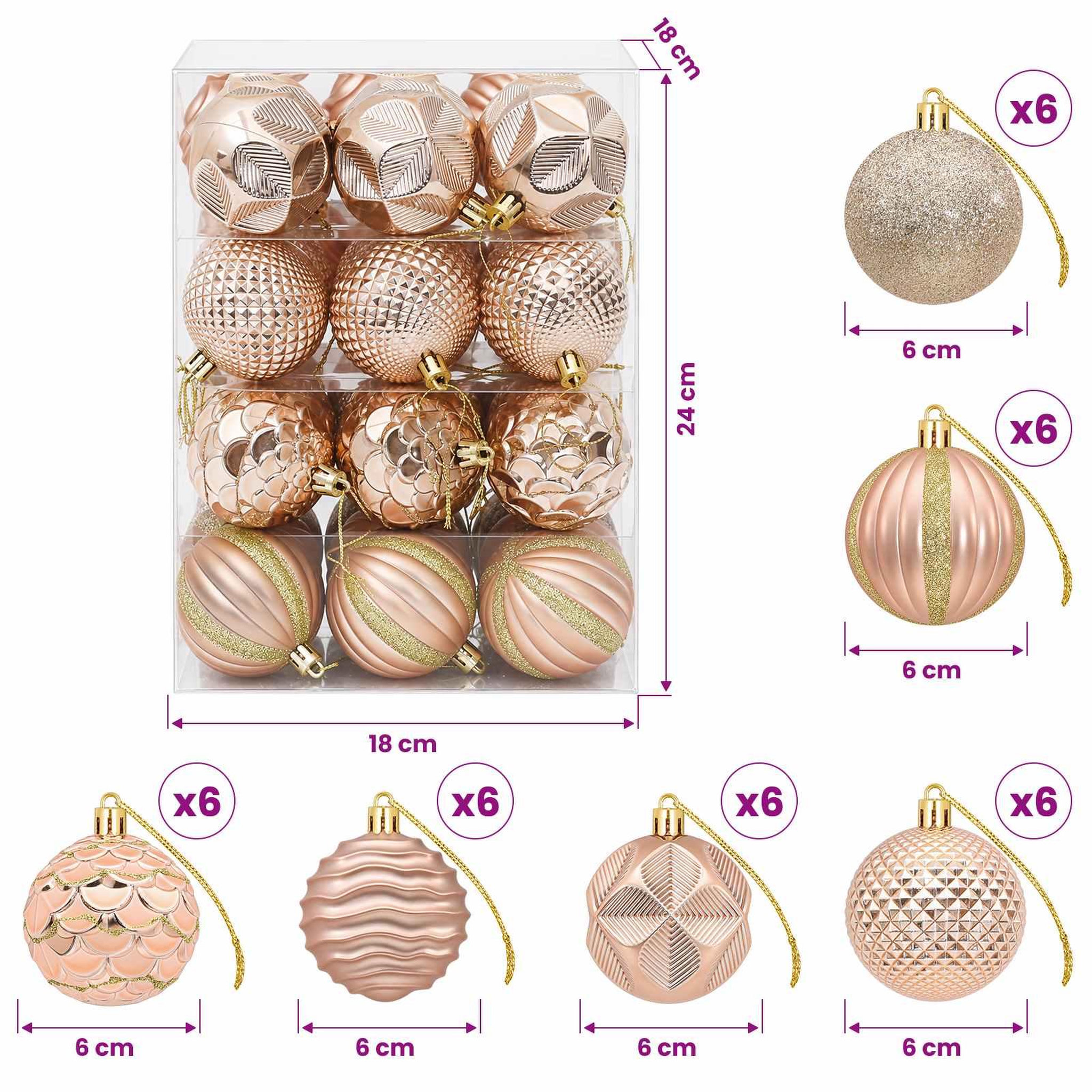 Voir la diapositive 3 : VIDAXL Ensemble de boules de Noël 36 pc Or rose Diam. 6 cm Polystyrene
