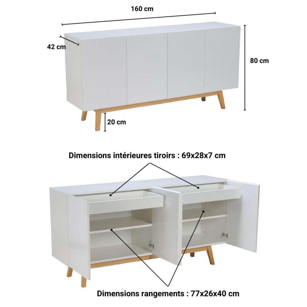 Bahut scandinave SNOW blanc, 4 portes 2 tiroirs L160cm