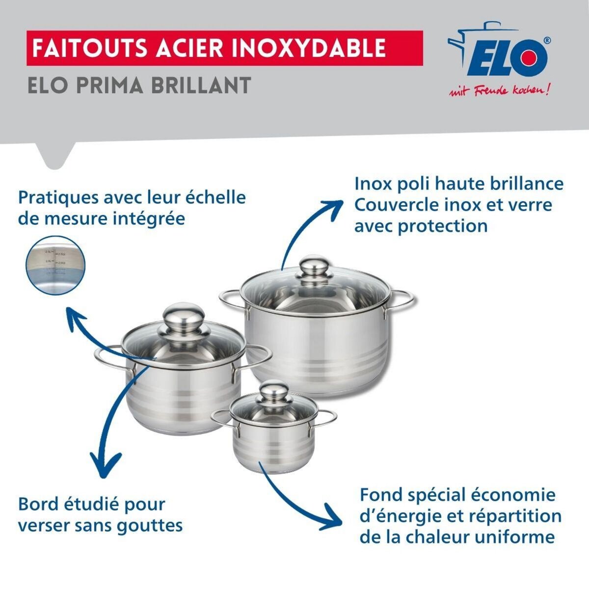 ELO Ensemble de 1 Poêle de cuisson 20 cm et 3 faitouts 12, 16 et 20 cm Elo Prima Brillant