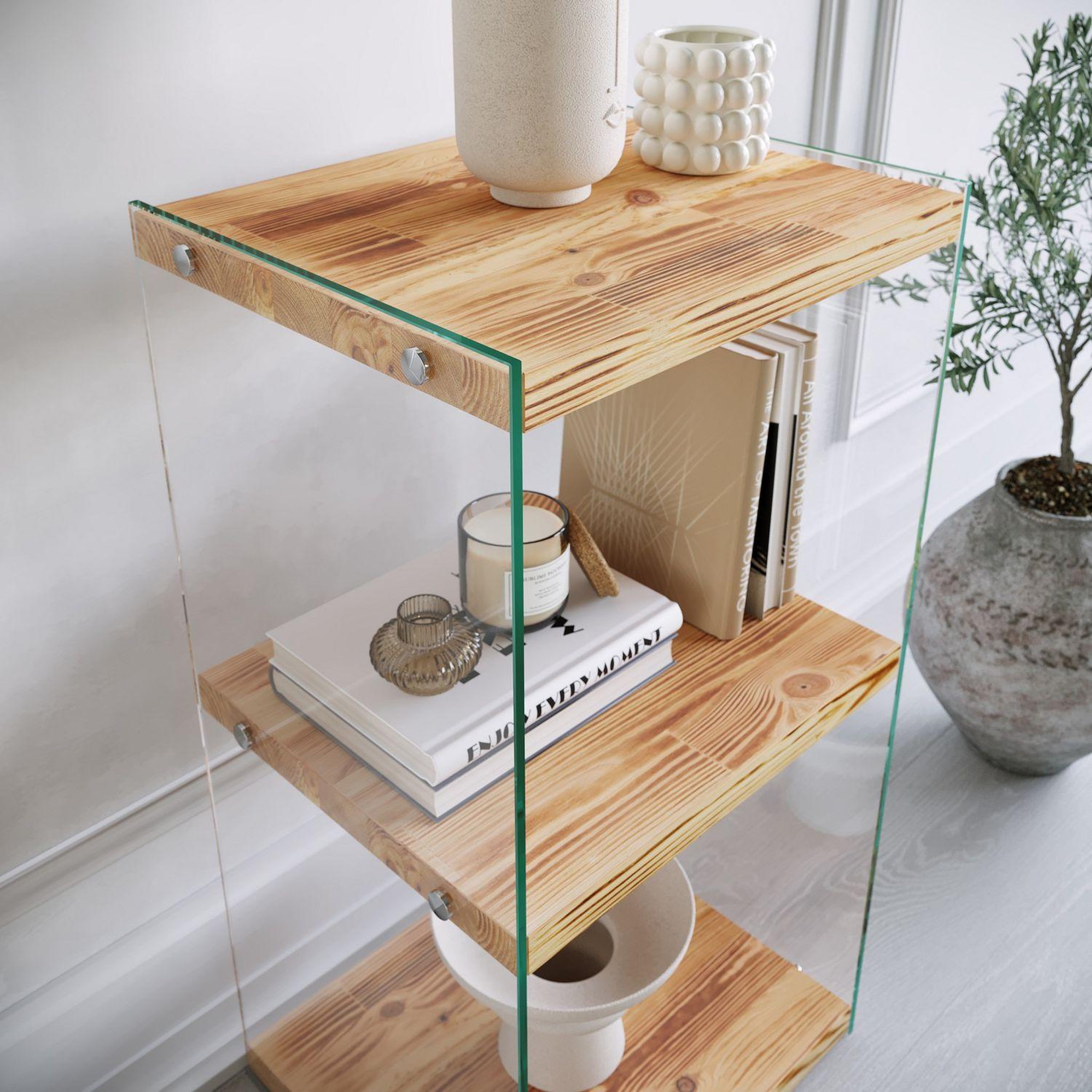 Voir la diapositive 4 : TOILINUX Etagère 3 niveaux en verre et bois clair niagara - beige