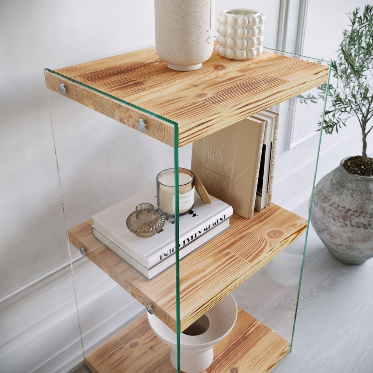 TOILINUX Etagère 3 niveaux en verre et bois clair NIAGARA - Beige