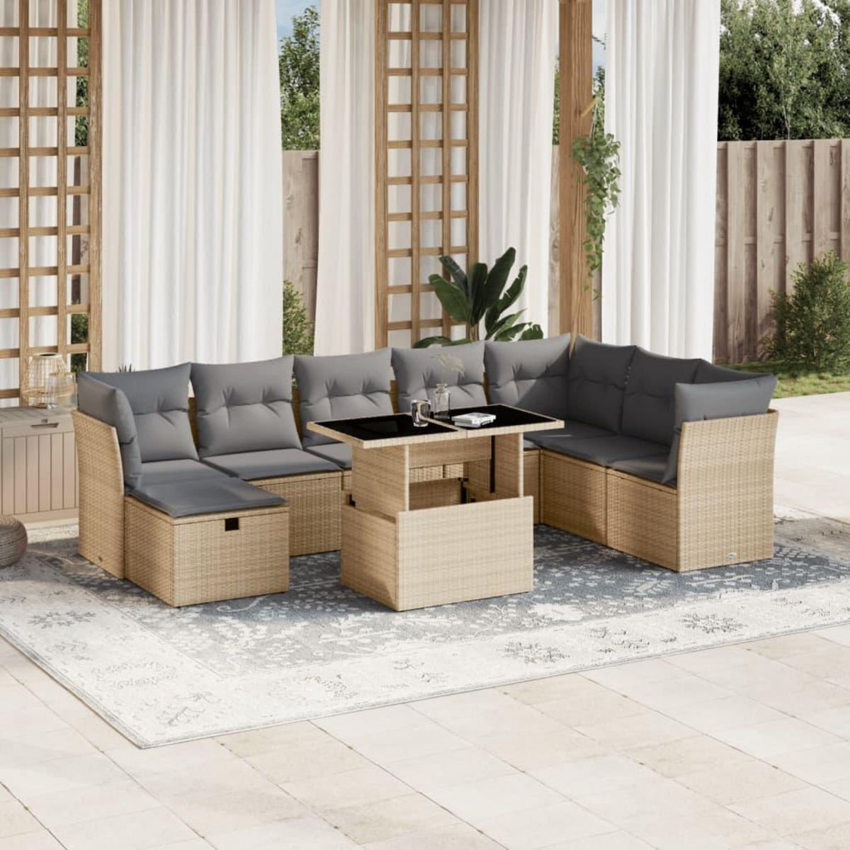 VIDAXL Salon de jardin avec coussins 9 pcs beige resine tressee