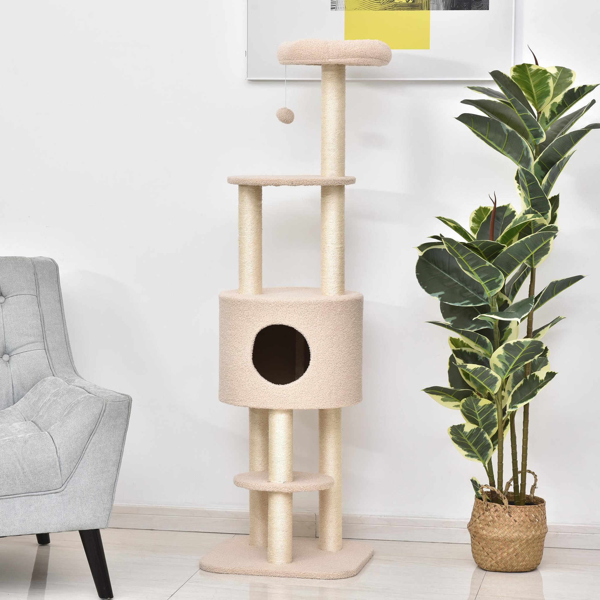 Voir la diapositive 5 : PAWHUT Pawhut arbre à chats avec griffoir niche poteaux peluche haute densité 45l x 40l x 148h cm beige