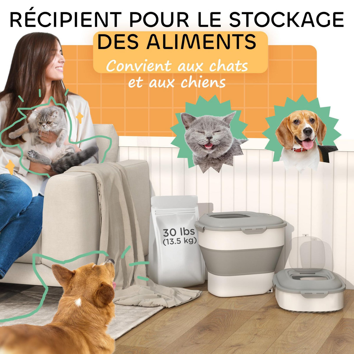 PAWHUT Conteneur à croquettes pour chiens et chats pliable 25L - roulettes, tasse, bol, cuillère - gris
