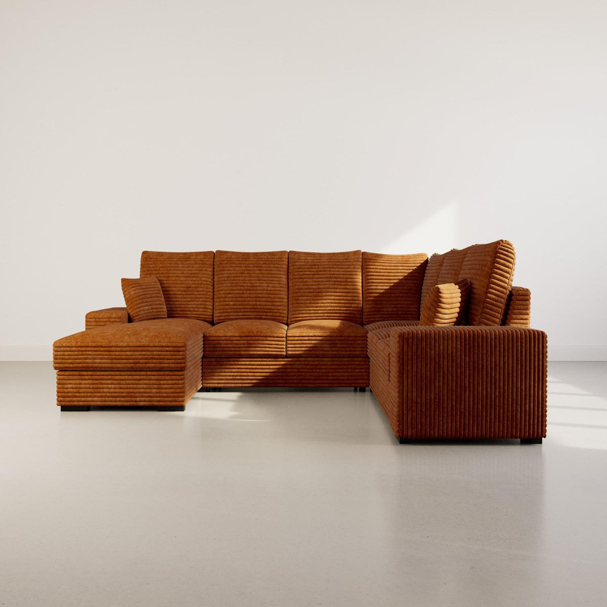 BEST MOBILIER Lorie - canapé panoramique d'angle droit 7 places convertible en velours côtelé grosse côte avec coffre