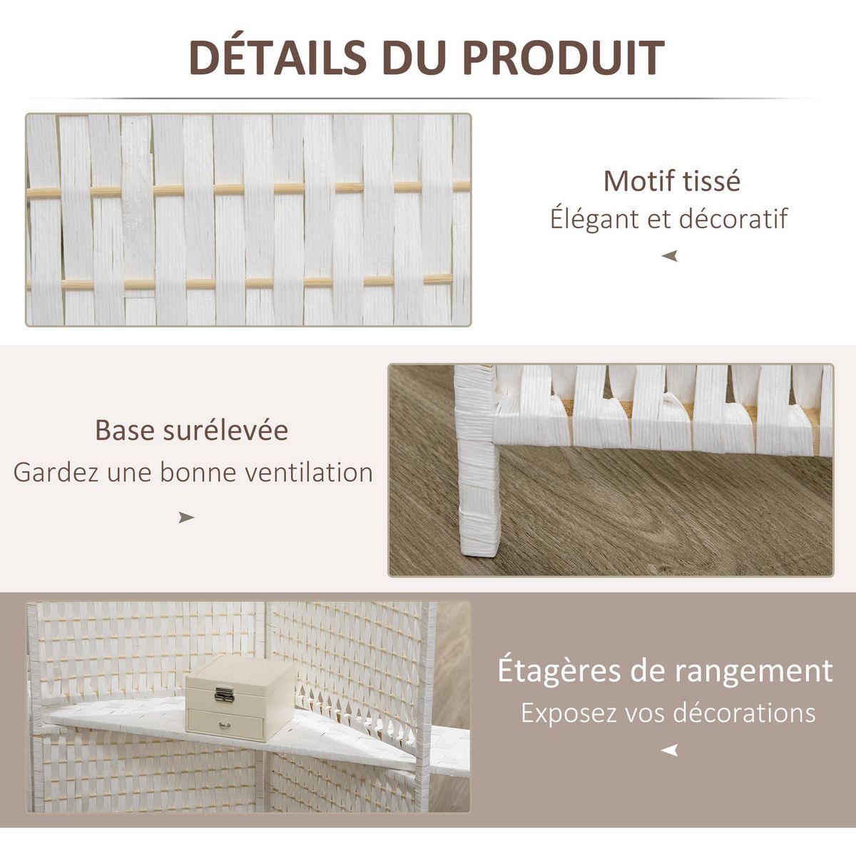 HOMCOM Paravent intérieur 4 panneaux 2 étagères pliables séparateur de pièce bois de pin bambou fibres de papier tressée blanc paille