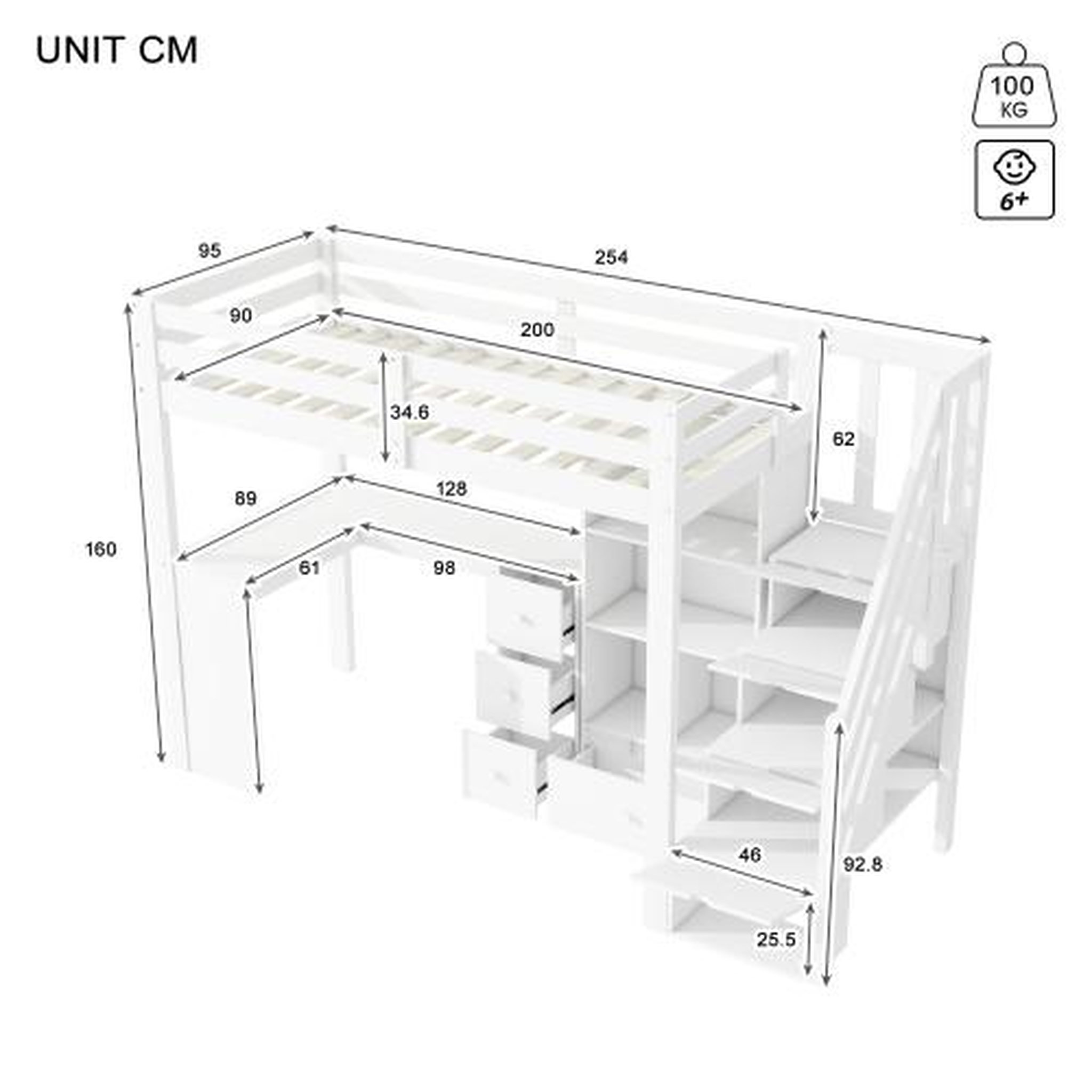 Voir la diapositive 3 : MERAX Lit combiné enfant 90x200 cm coloris blanc pin