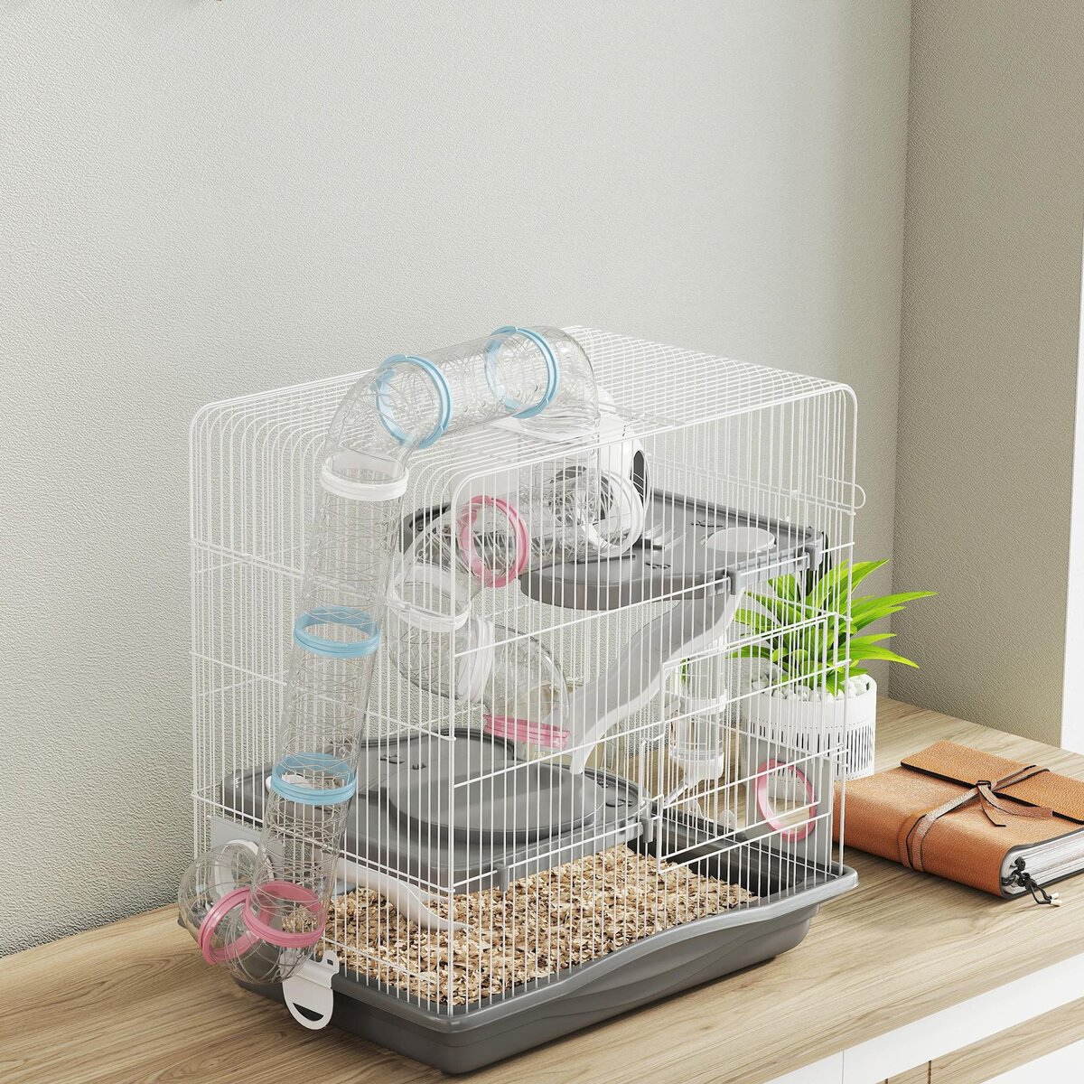 PAWHUT Cage rongeur hamster 3 niveaux cabane roue tunnel toboggan biberon mangeoire 45 x 30 x 45 cm blanc gris