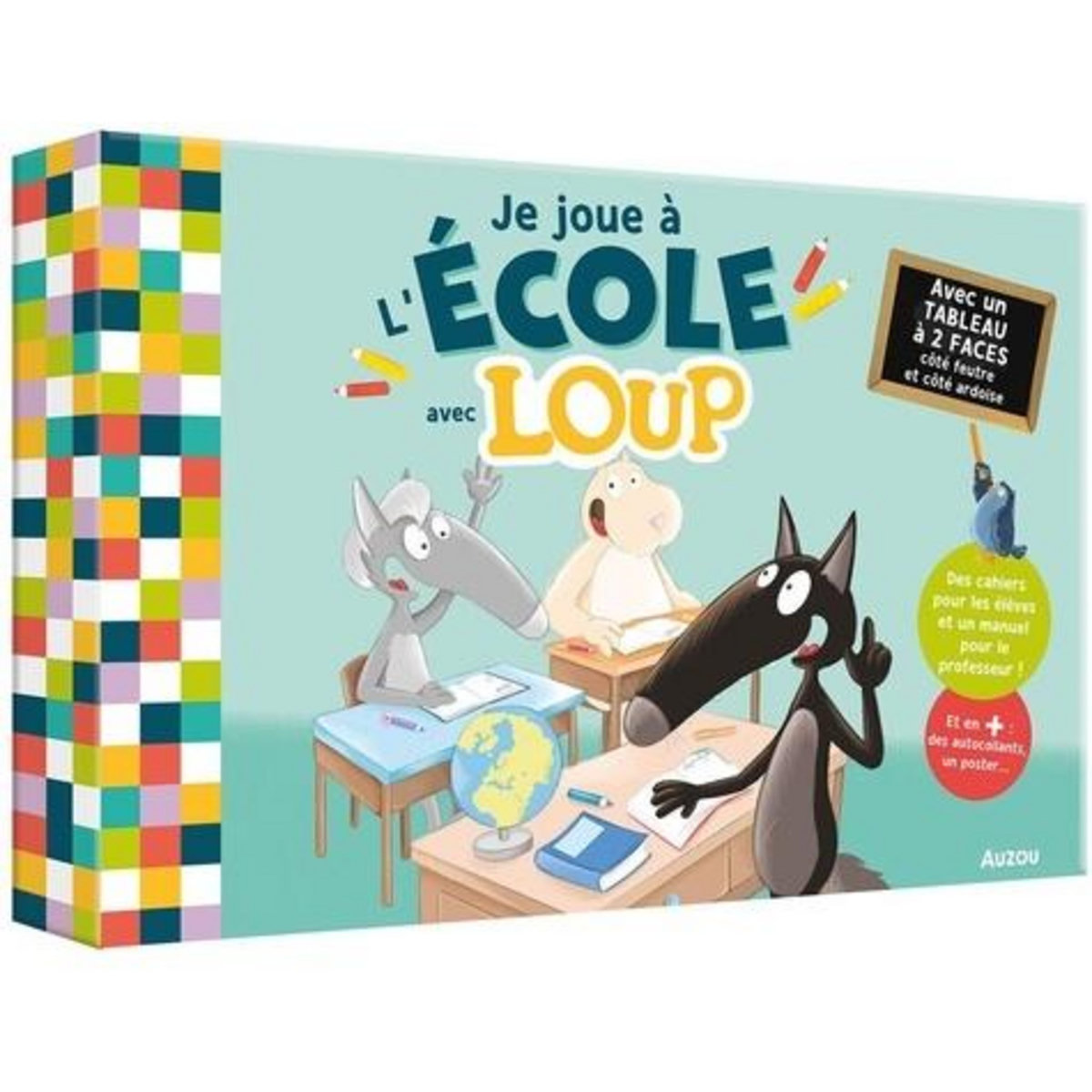 JE JOUE A L'ECOLE AVEC LOUP. AVEC UN TABLEAU A 2 FACES COTE FEUTRE ET COTE ARDOISE, DES CAHIERS POUR LES ELEVEES ET UN MANUEL POUR LE PROFESSEUR, ET EN + DES AUTOCOLLANTS, UN POSTER..., Lallemand Orianne
