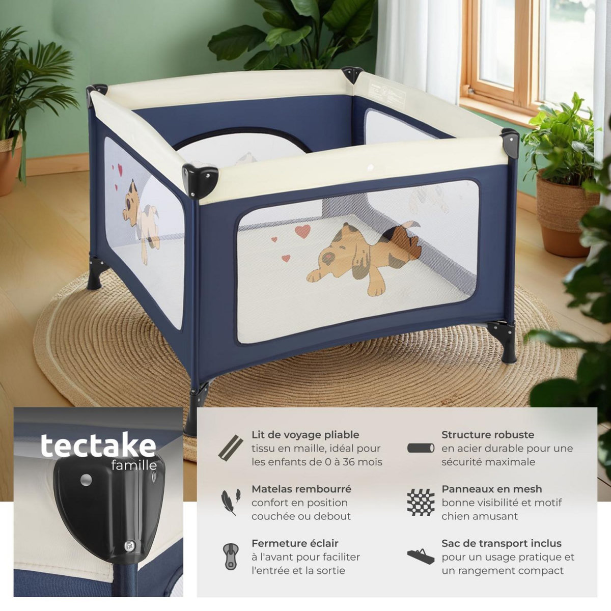 tectake Parc bébé, lit de voyage pliant stable et pliable de manière compacte bleu