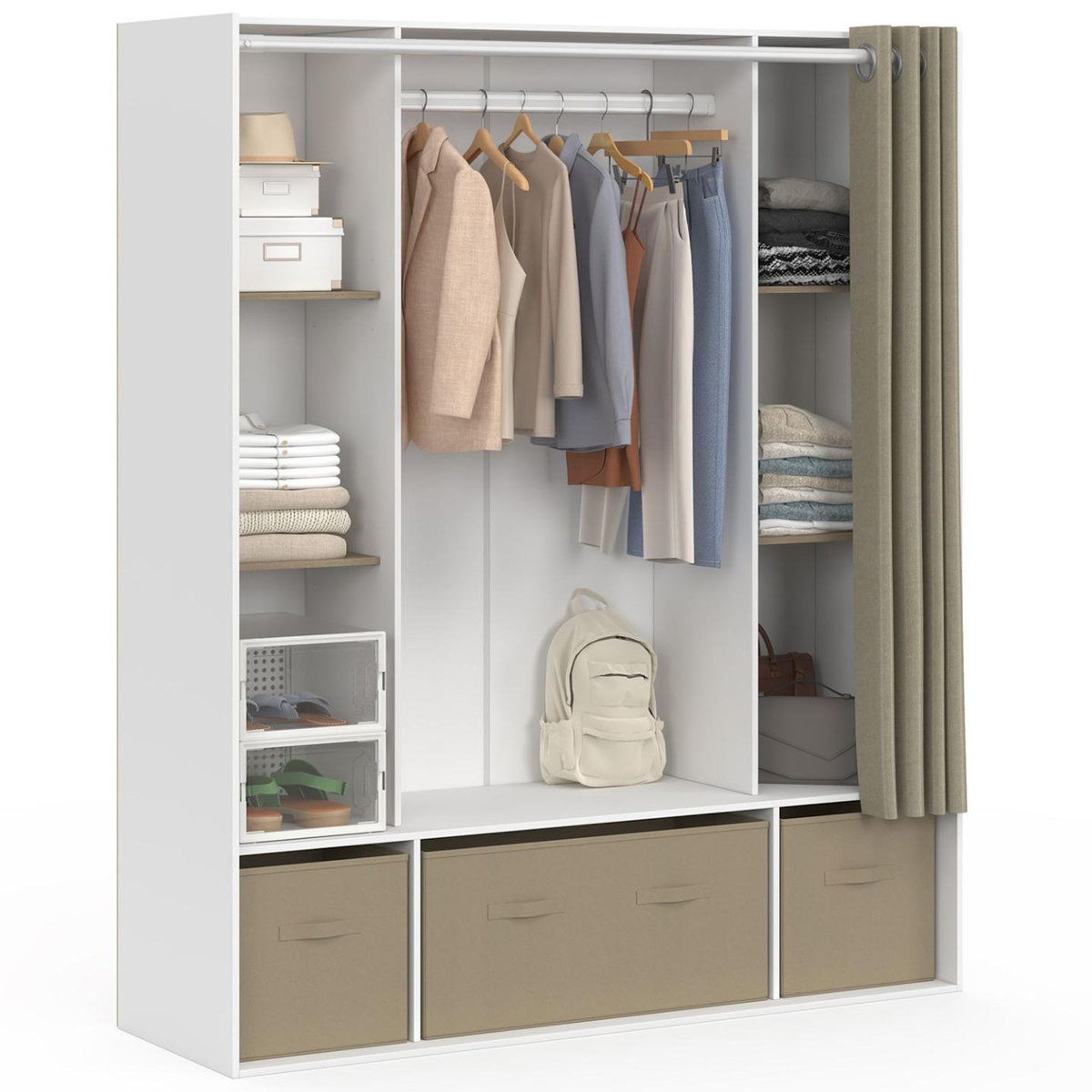 ID MARKET Dressing double penderie DIANE 140 x 45 x 167 cm blanc avec étagères + boites de rangement + rideau taupe