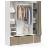 ID MARKET Dressing double penderie DIANE 140 x 45 x 167 cm blanc avec étagères + boites de rangement + rideau taupe