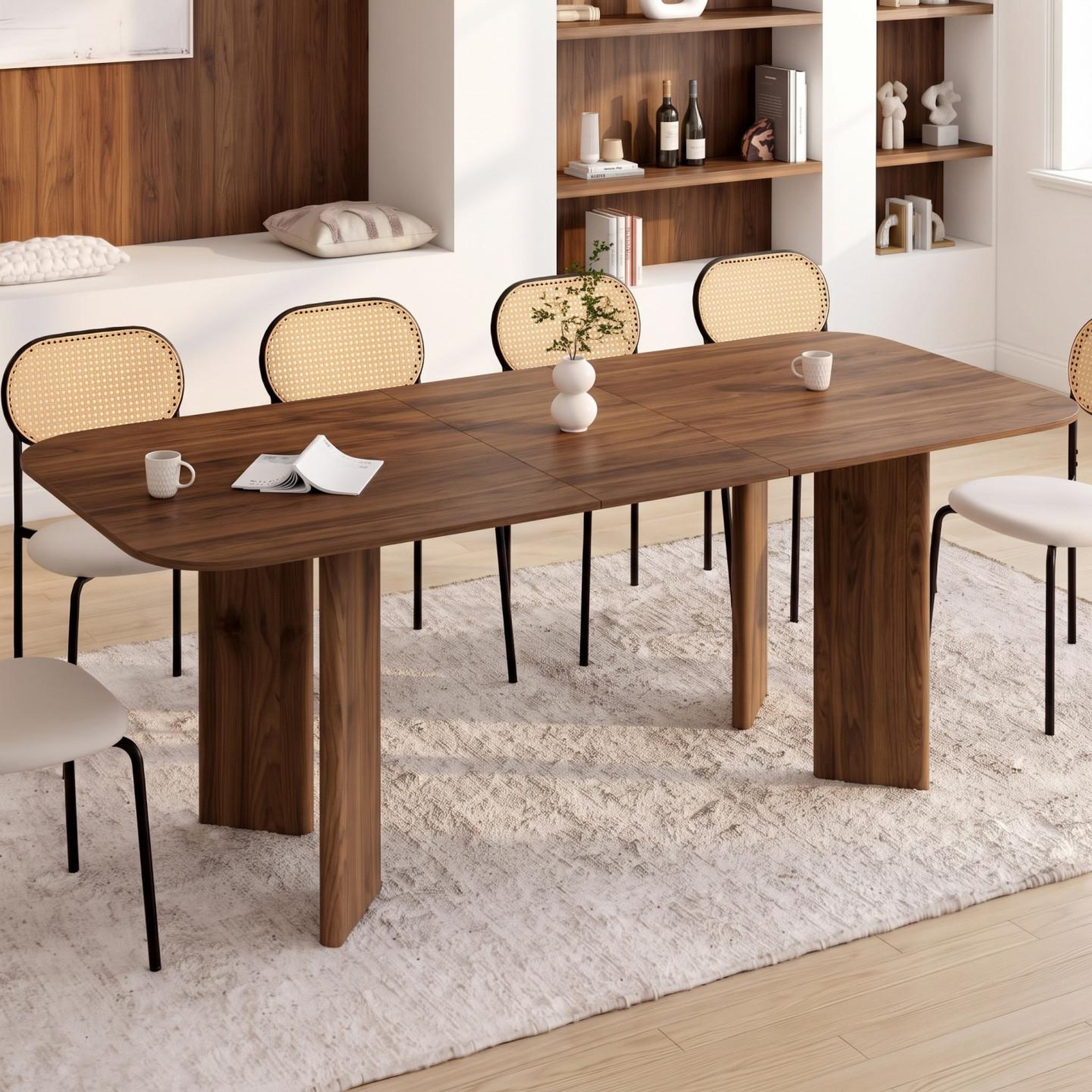 Voir la diapositive 2 : ID MARKET Table à manger extensible rectangulaire arrondie capucine 6-10 personnes 4 pieds design arrondi noyer 160-200 cm