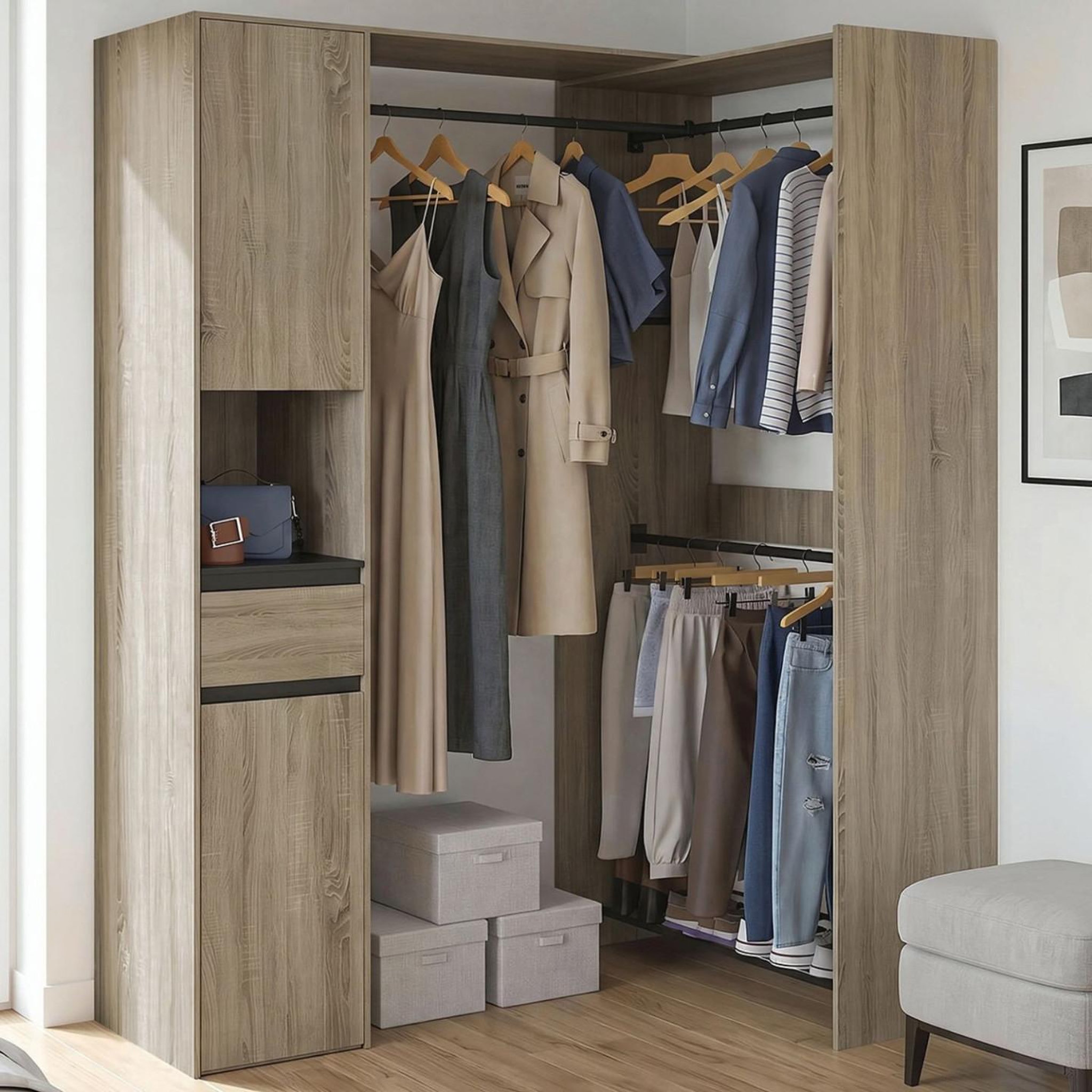 Voir la diapositive 2 : ID MARKET Dressing d'angle modulable l. 145 / 203 cm melman triple penderie + portes + tiroir + étagères bois et noir