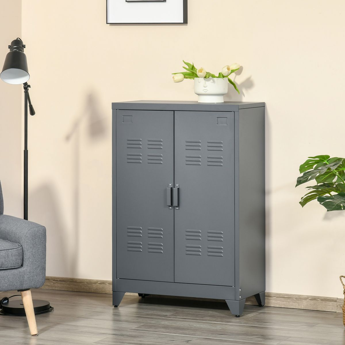 HOMCOM HOMCOM Armoire de rangement métal design industriel - 2 étagères - structure piètement tôle métal gris anthracite