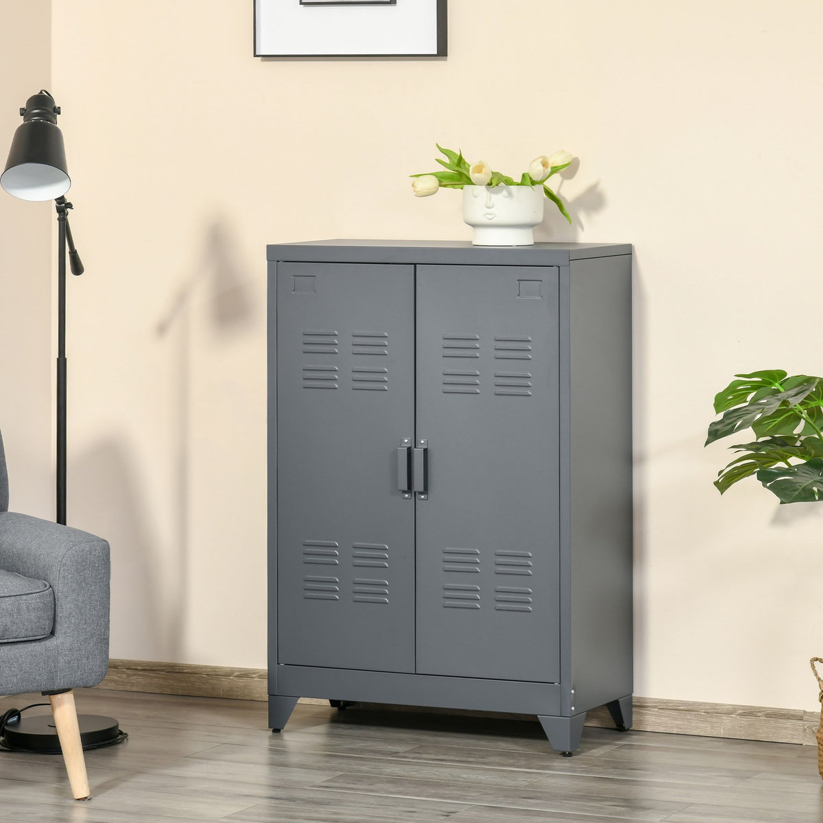 HOMCOM HOMCOM Armoire de rangement métal design industriel - 2 étagères - structure piètement tôle métal gris anthracite