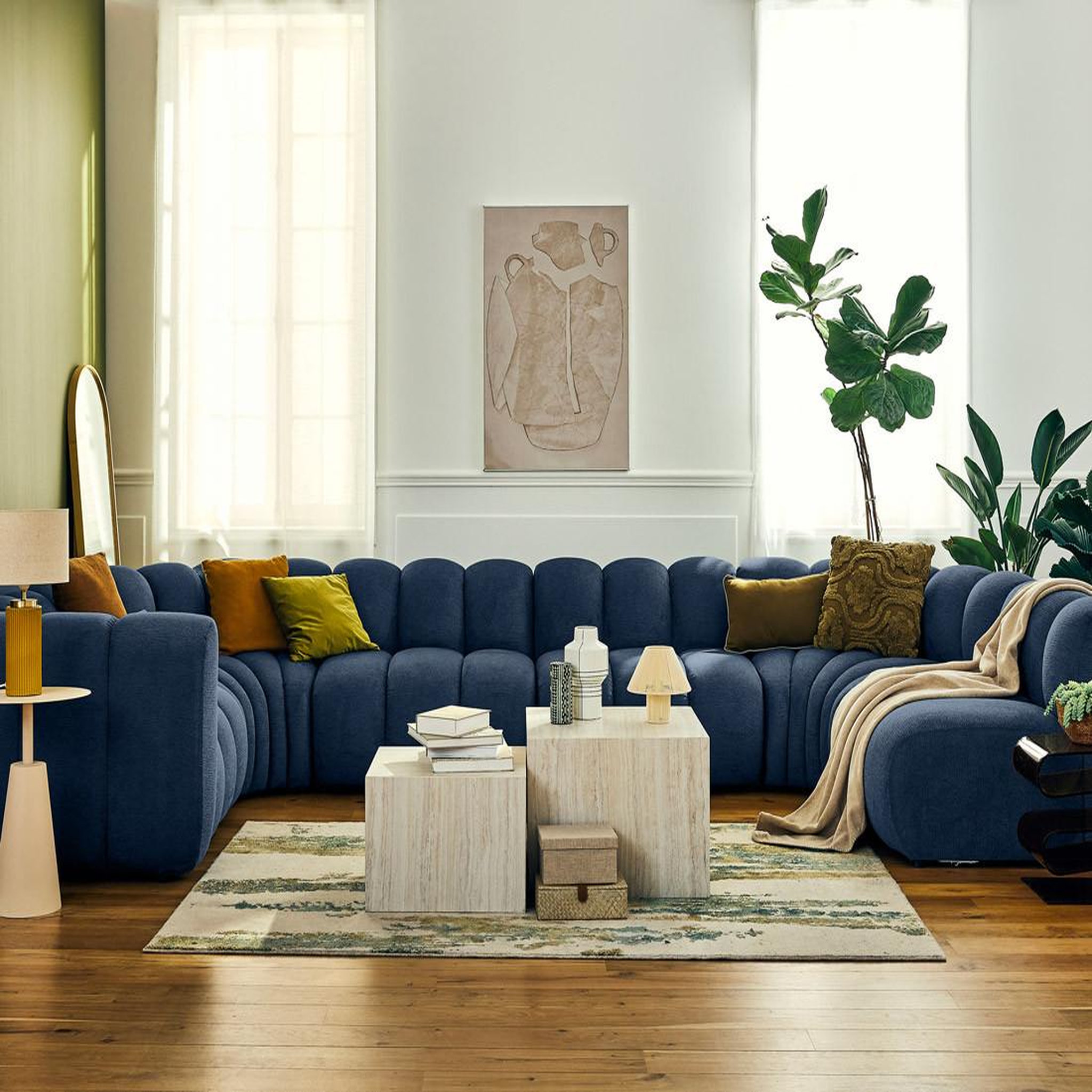 LISA DESIGN Debbie - canapé modulable panoramique d'angle droit 7 places en tissu texturé. Coloris disponibles : Orange, Bleu, Gris, Vert, Marron, Noir, Beige, Rose