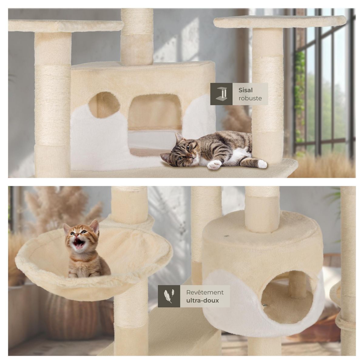 tectake Arbre à chat 201 cm avec griffoir et plateforme d'escalade beige/blanc