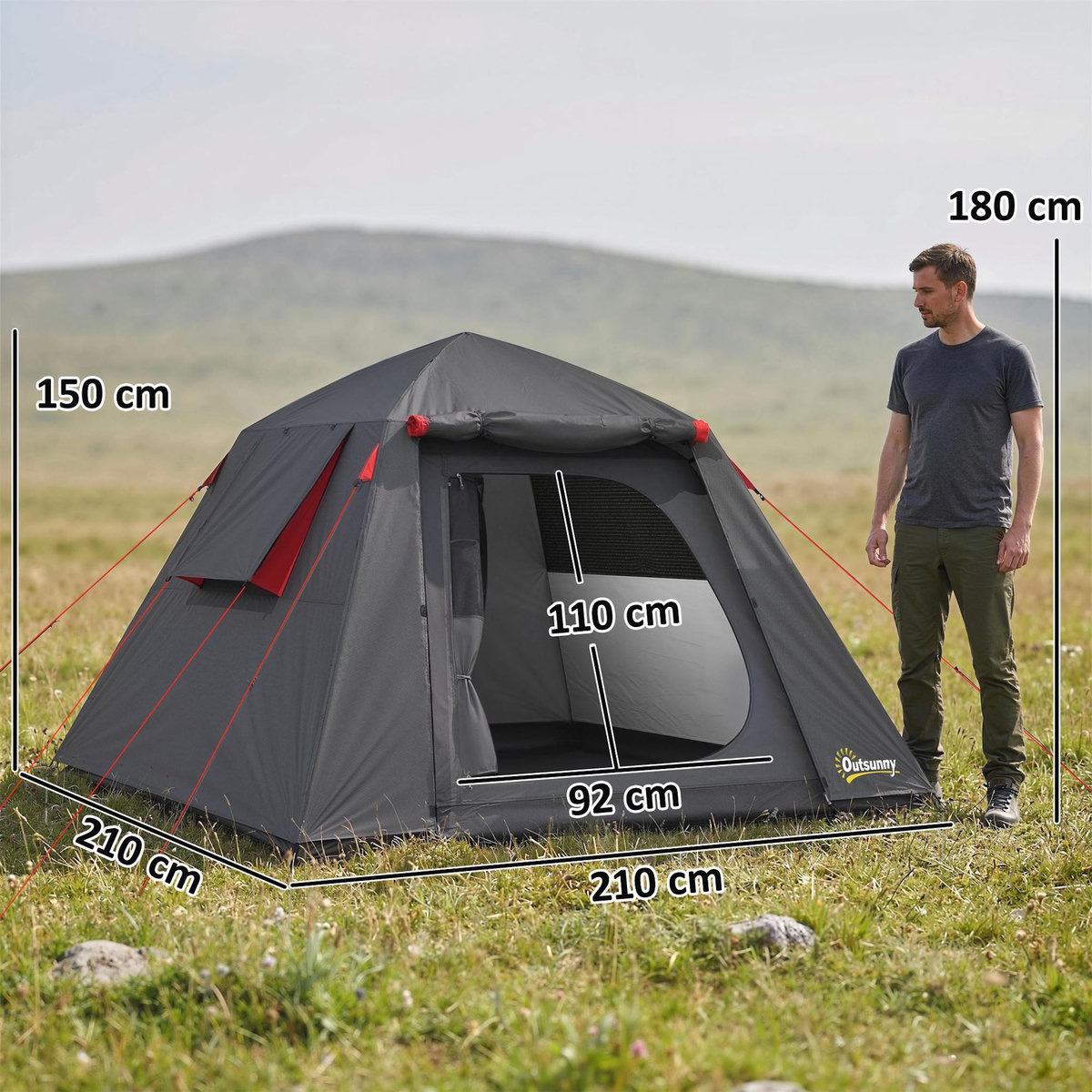 OUTSUNNY Tente camping dôme 2 pers. imperméable 3000mm - 2,1x2,1x1,5m - anthracite