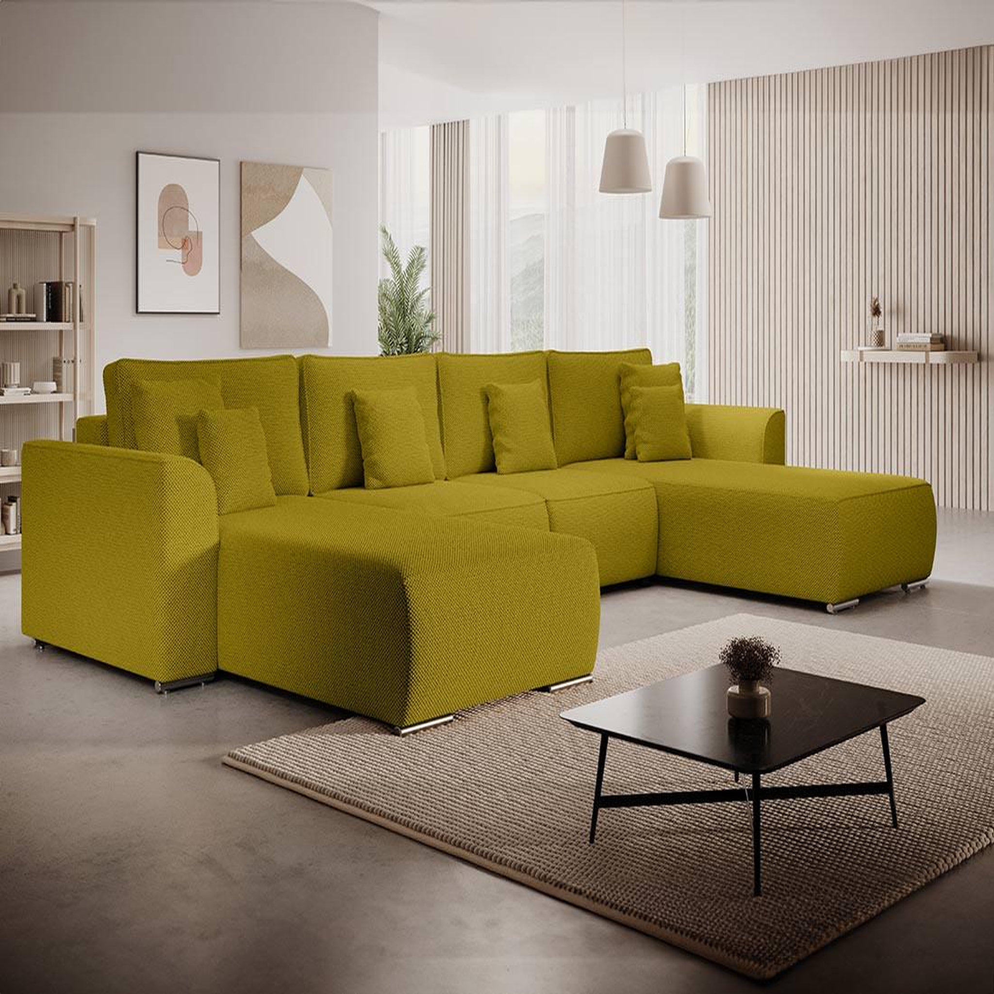 Voir la diapositive 2 : BEST MOBILIER Gabriel - canapé panoramique en u 7 places convertible avec coffre en tissu texturé