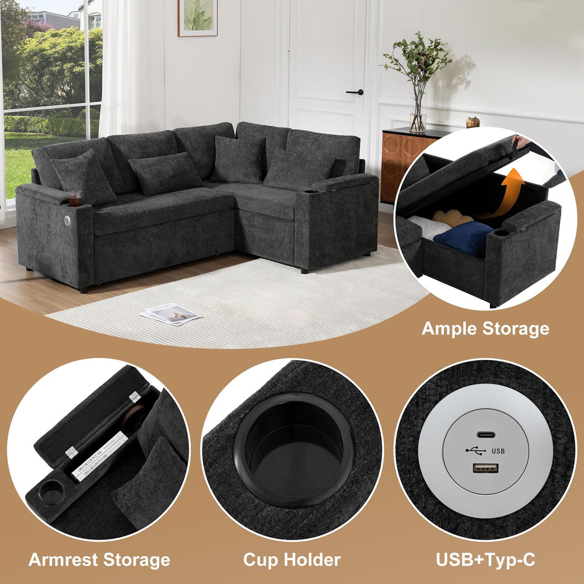 MERAX Canapé d'angle droit convertible 4 places tissu coffre de rangement