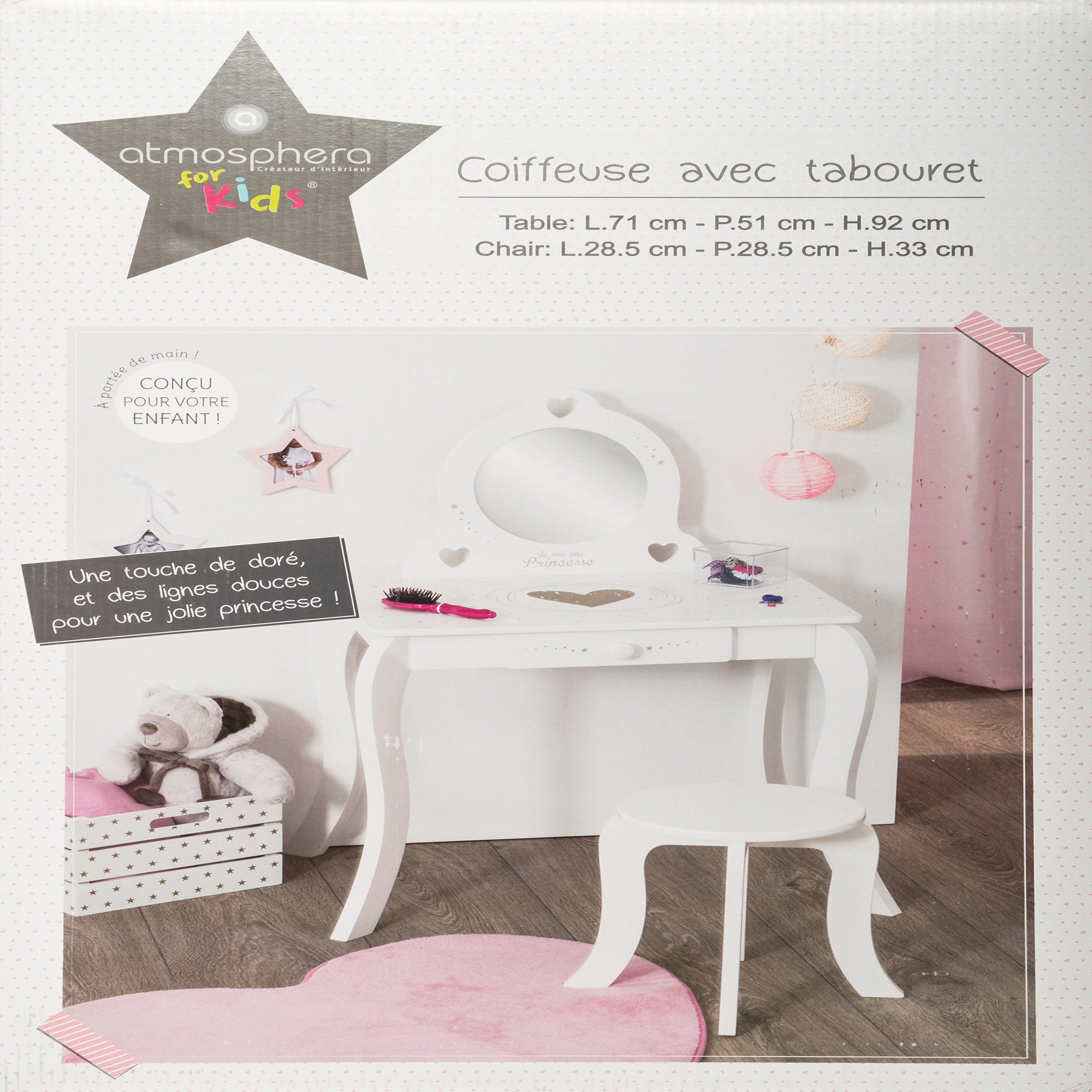 Voir la diapositive 6 : ATMOSPHERA Coiffeuse enfant 1 tiroir  avec miroir et tabouret JASMINE