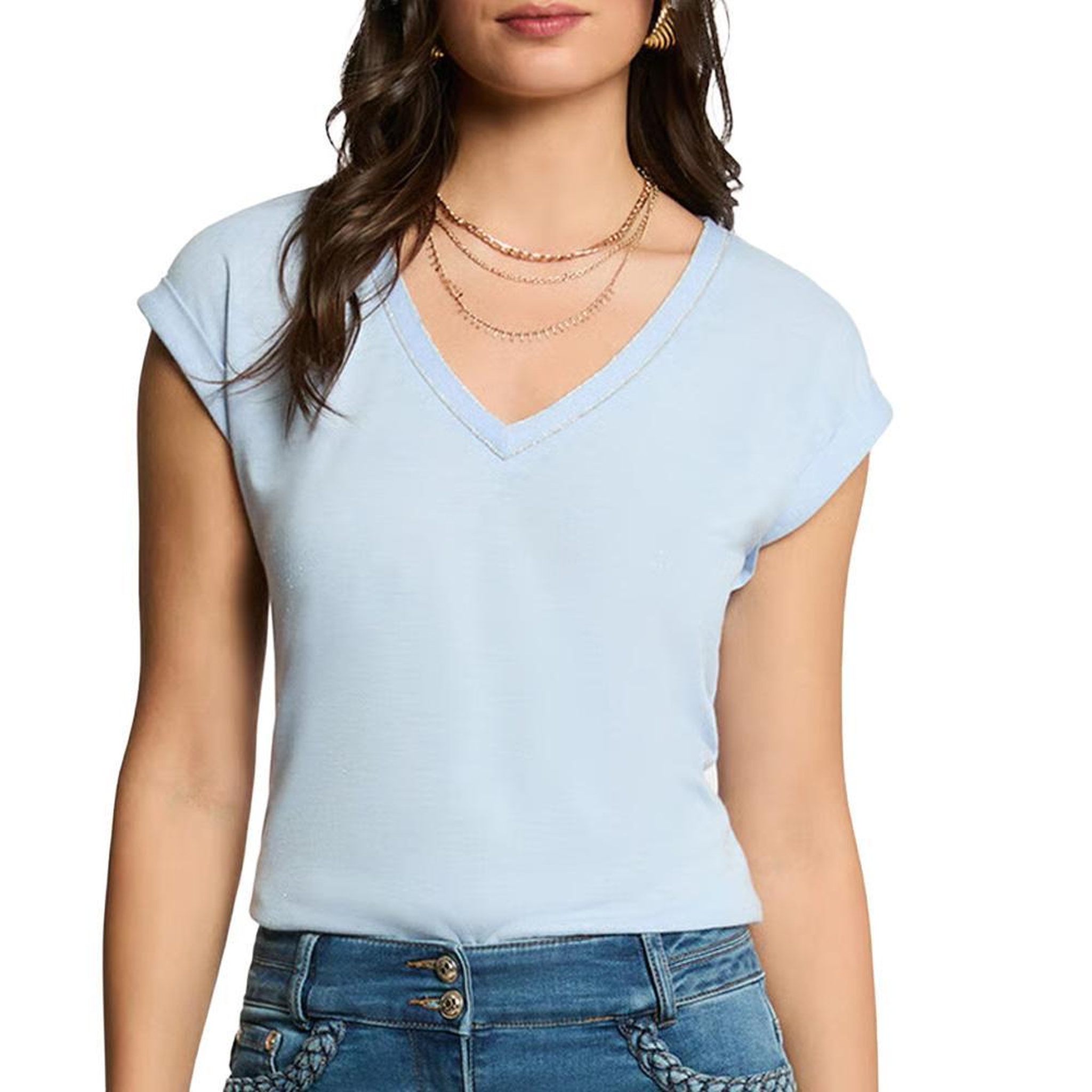 MORGAN T-Shirt Bleu Clair Femme Morgan Fantaisie. Coloris disponibles : Bleu