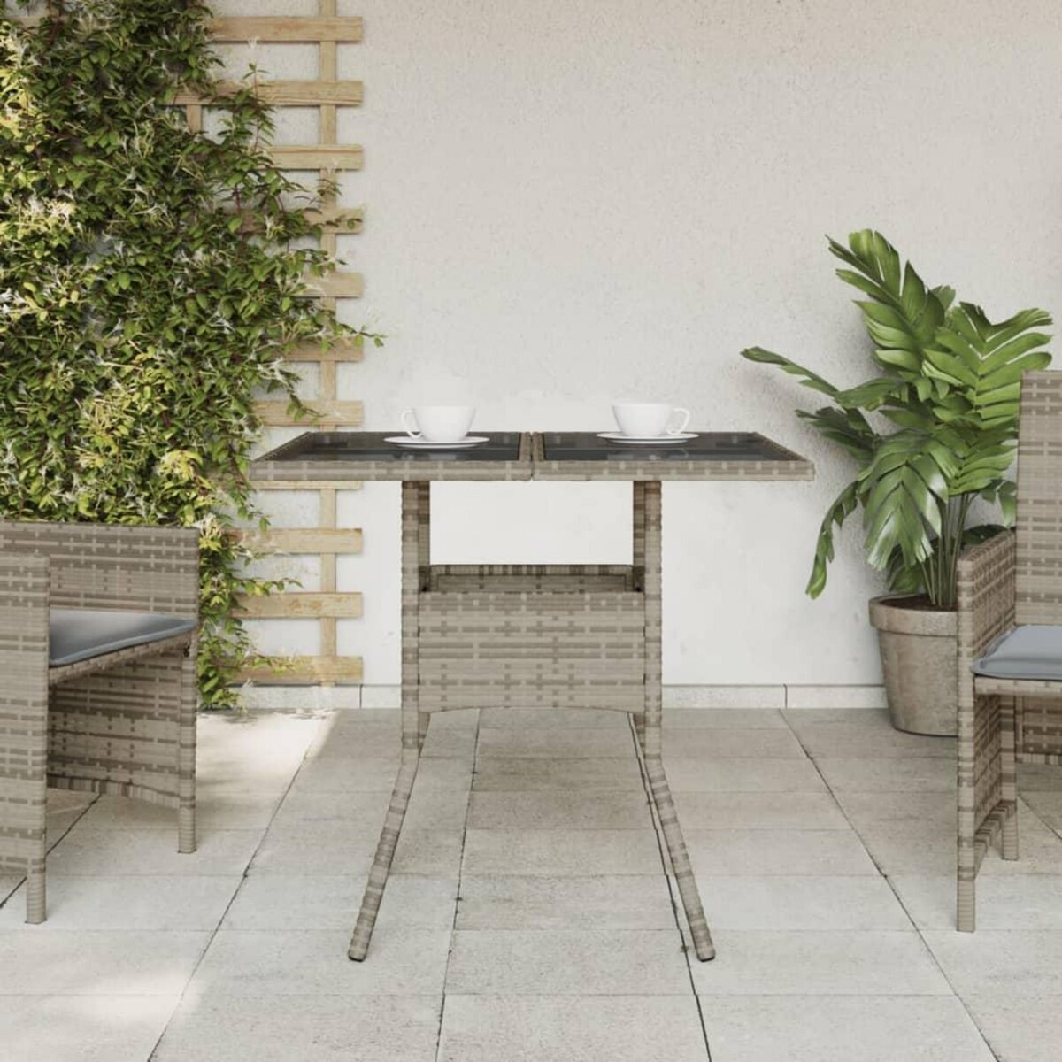 VIDAXL Table de jardin dessus en verre gris 80x80x75 cm resine tressee