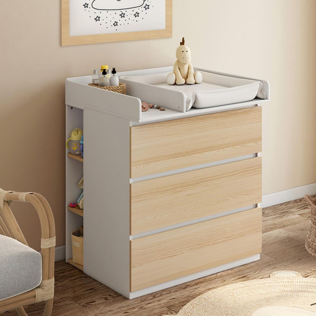 ID MARKET Commode à langer évolutive AMBRE façon hêtre et blanc 3 tiroirs table à langer et 2 étagères amovibles