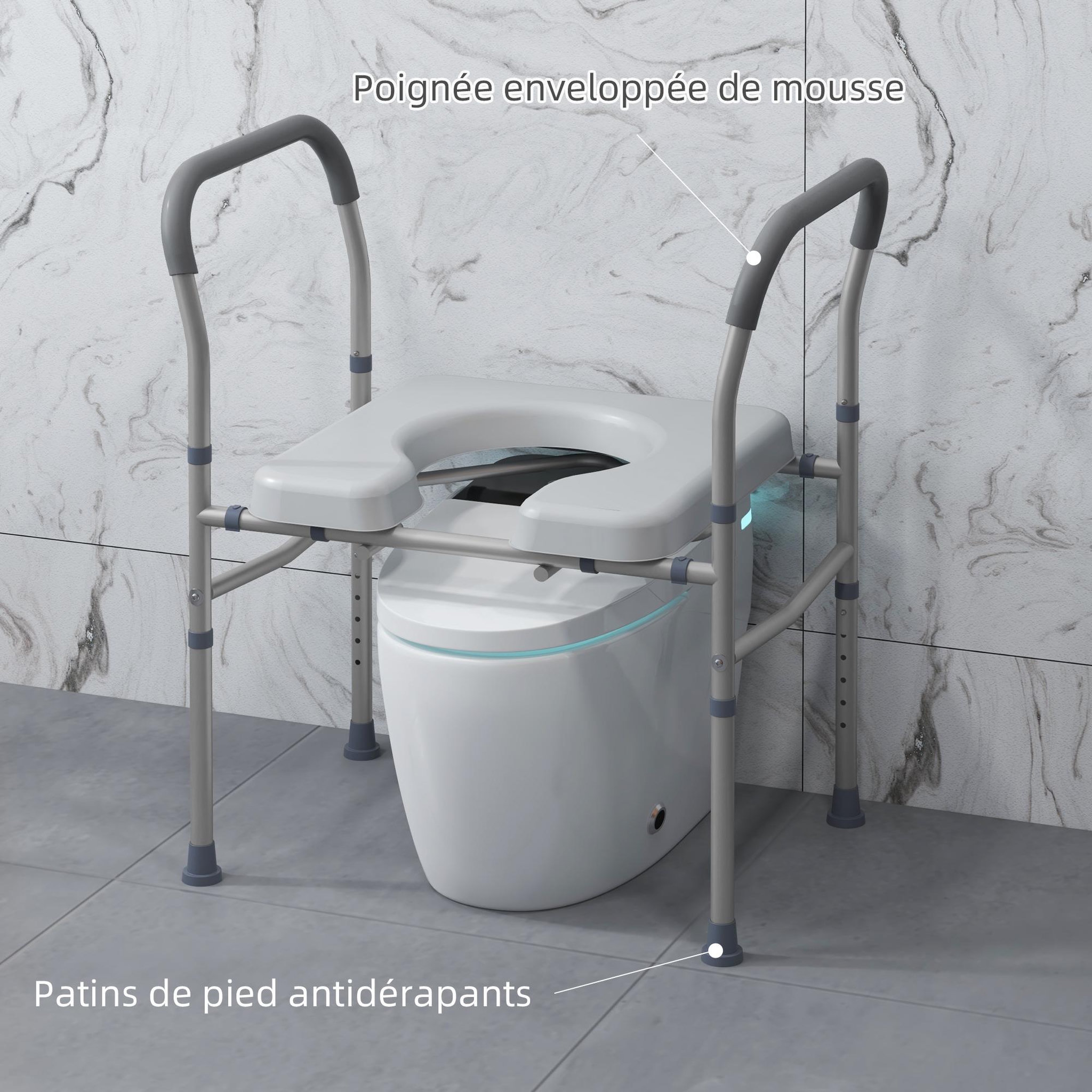 Voir la diapositive 6 : HOMCOM Chaise percée - Chaise de douche percée - hauteur réglable, seau amovible pliable - antidérapante - alu PVC gris
