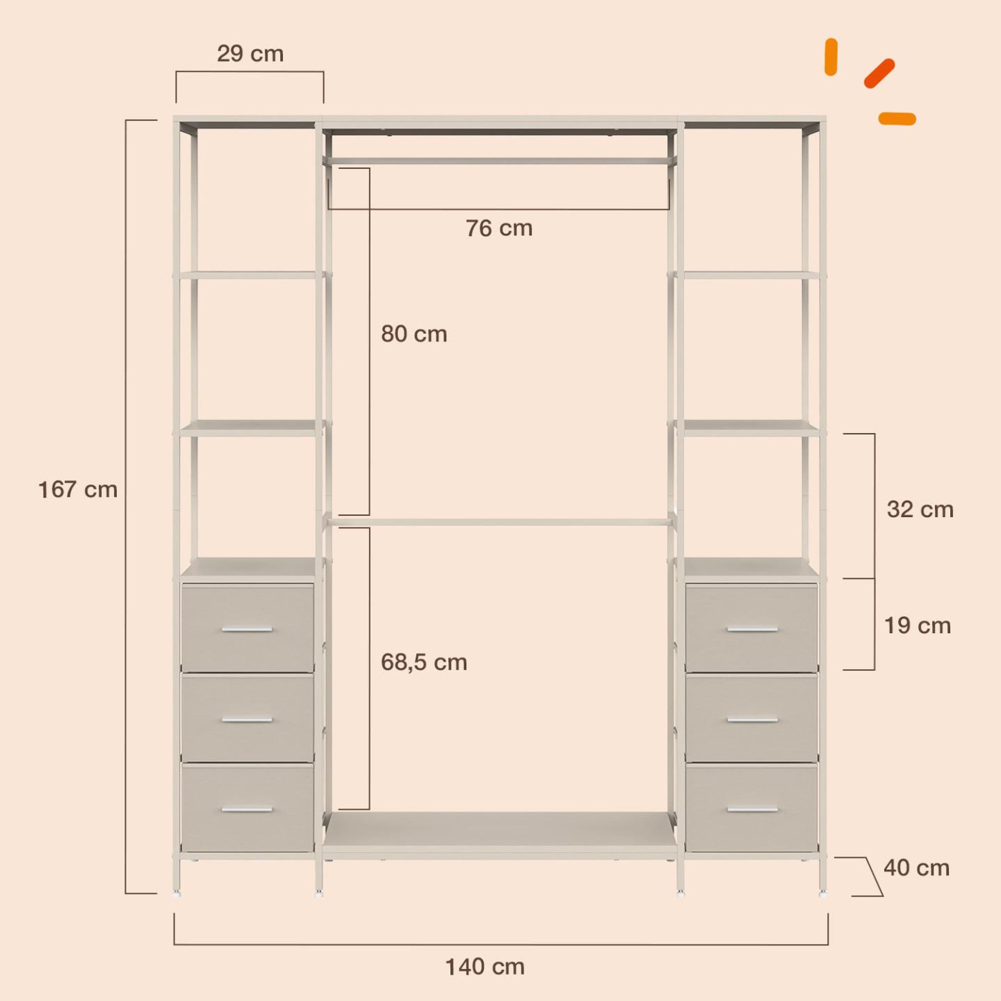 Voir la diapositive 4 : ID MARKET Dressing double penderie + double colonne l. 140 cm utah avec 6 étagères et 6 bacs en tissu beige