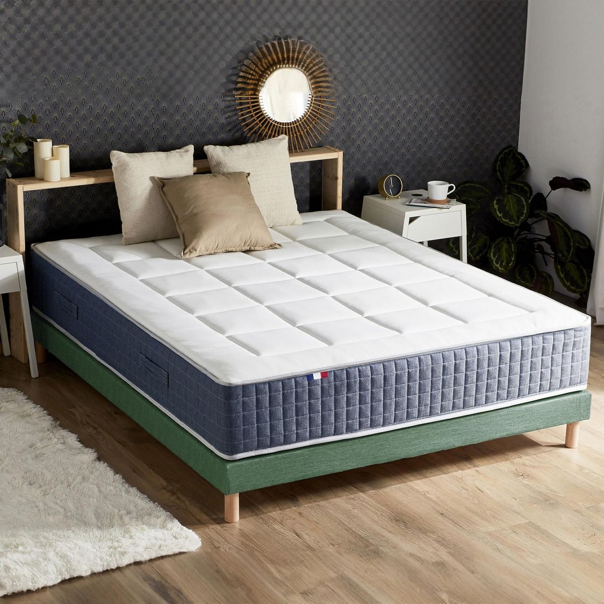 IDLITERIE Ensemble Matelas Ressort 7 zones + Mémoire de forme + Sommier KING STYLE + couette + oreillers - Fabriqué en France