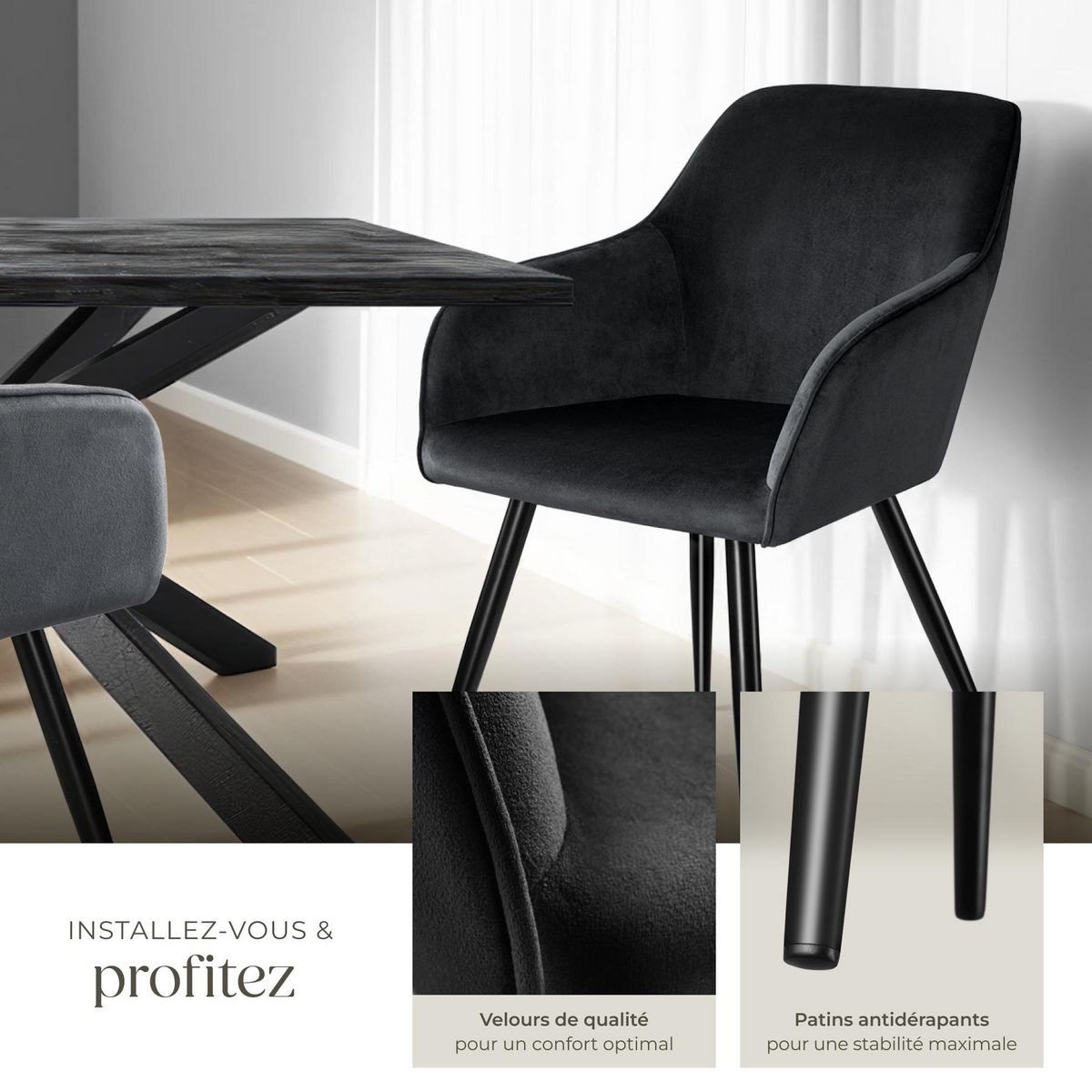 tectake Chaise style scandinave rembourrée aspect velours noir Lot de 2