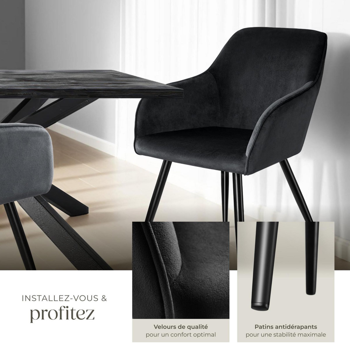 tectake Chaise style scandinave rembourrée aspect velours noir Lot de 2