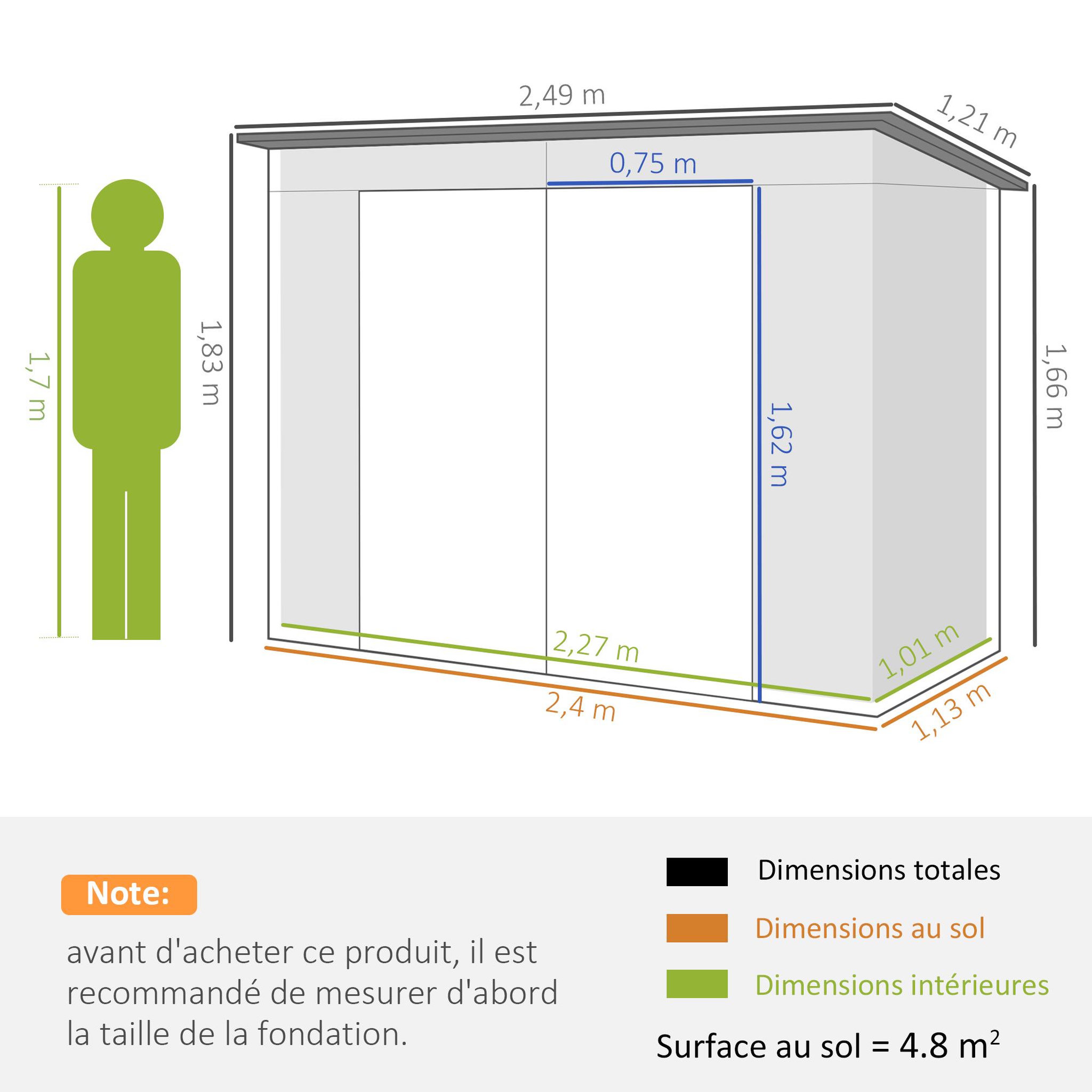 Voir la diapositive 3 : OUTSUNNY Abri de jardin 3 m² tôle d'acier 2 portes verrouillables 2 évents toit incliné